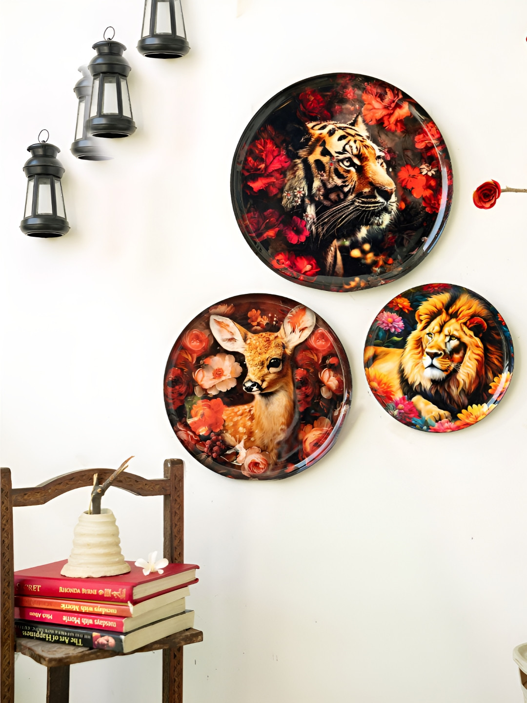 Ritualistic Vancara Madhubani Metal Floral Glossy Hanging Hall 3Pcs Wall Plates-12In