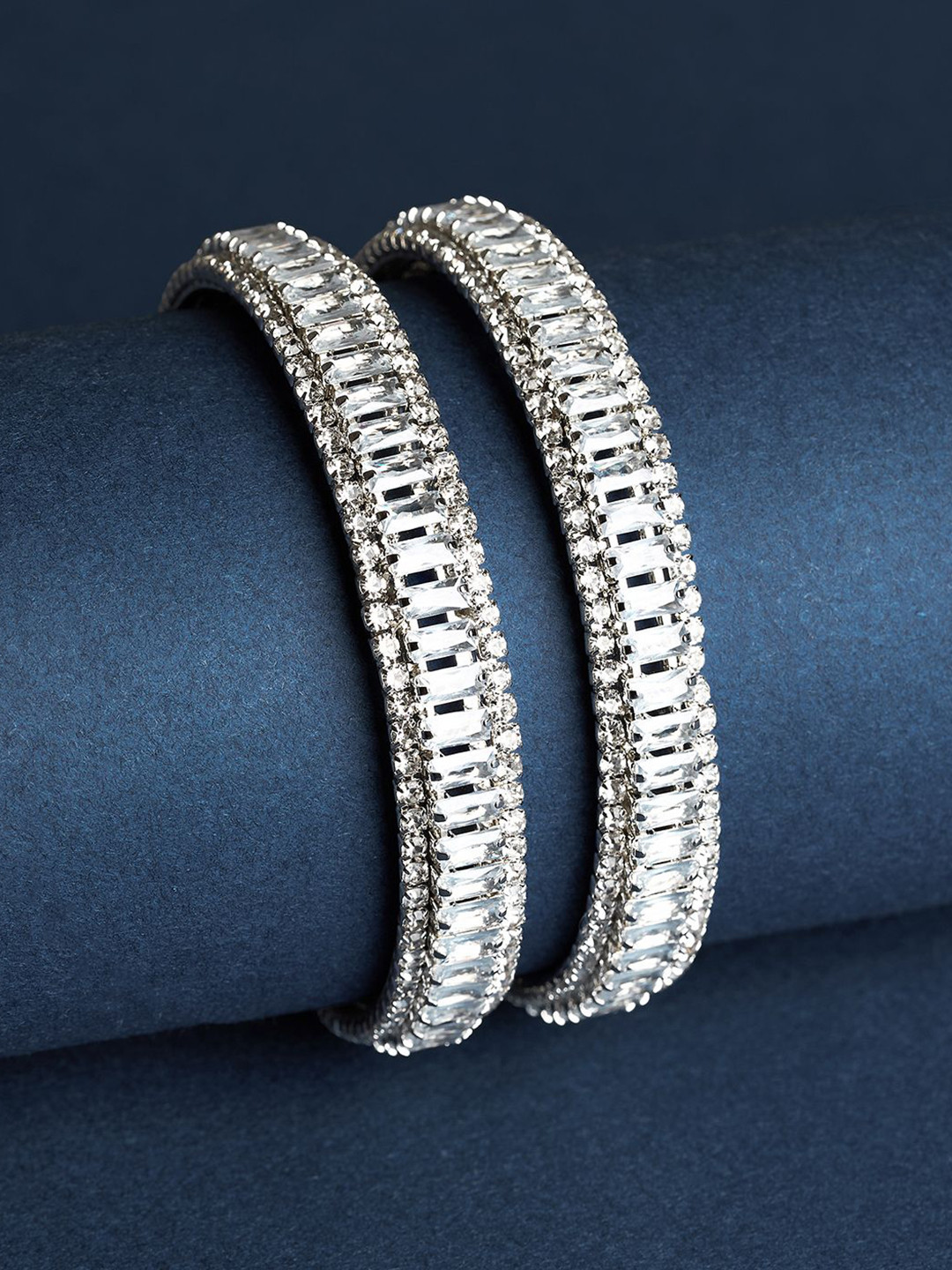 TEEJH Set Of 2 Silver-Plated Artificial Stones and Beads Studded Oxidised Bangles