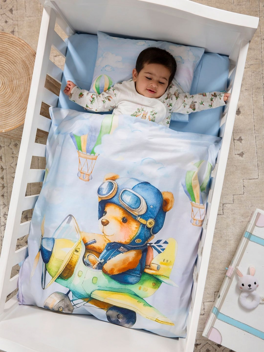 THE BABY TRUNK Blue Cartoon Characters Egyptian Cotton 2 Piece Crib Superfine Bedding Set
