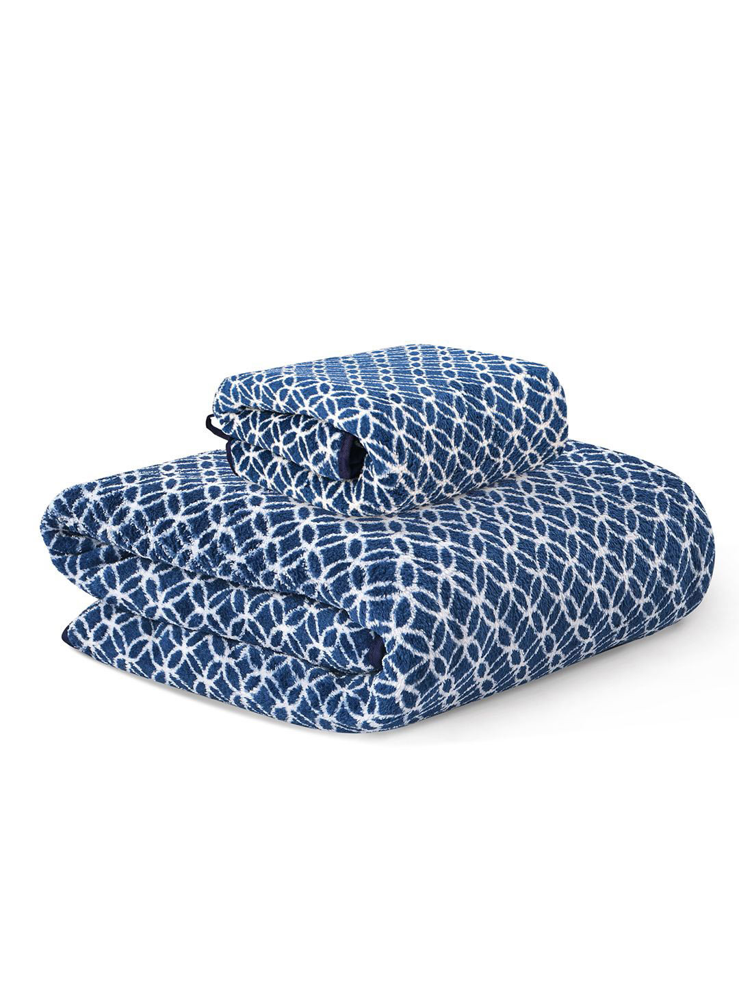 Kuber Industries Blue & White 2 Piece Geometric Printed Microfiber 270 GSM Towel Set