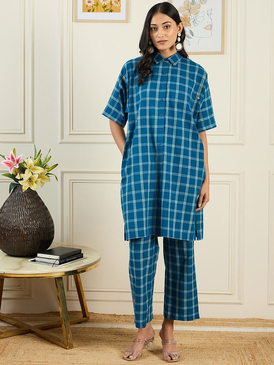 STADO Checked Shirt Collar Pure Cotton Tunic With Trousers