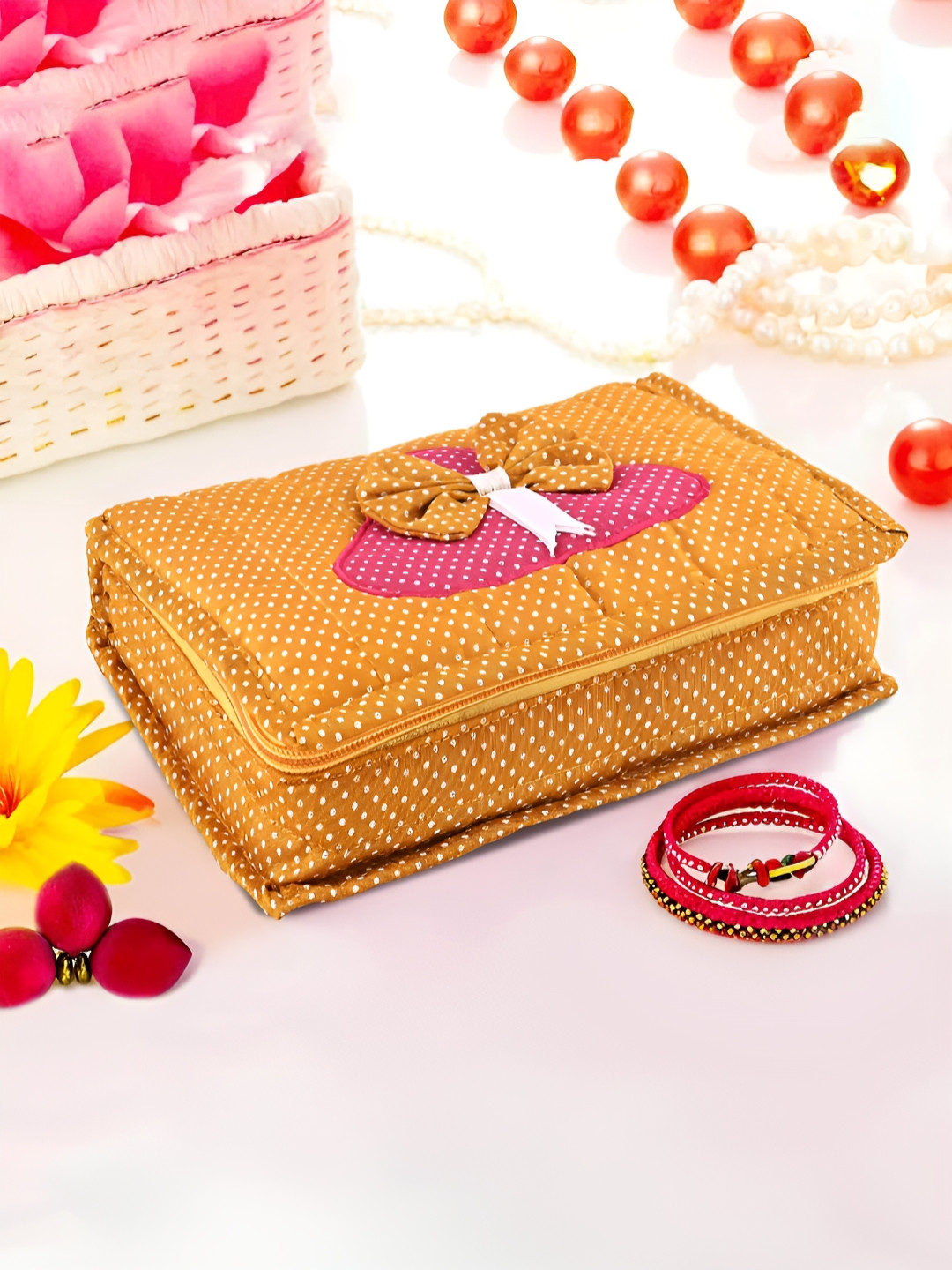 Aura Gold-Toned & Pink Cosmetic Organisers Storage Box With 7 Pocket Jewellery Organiser