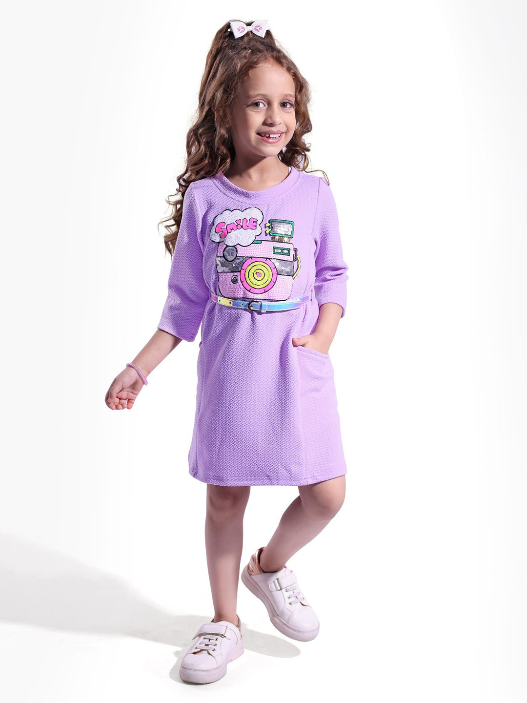 Hola Bonita Girl's Knit Full Sleeves Textured Fabric A-Line Dress With Sequin Detailing