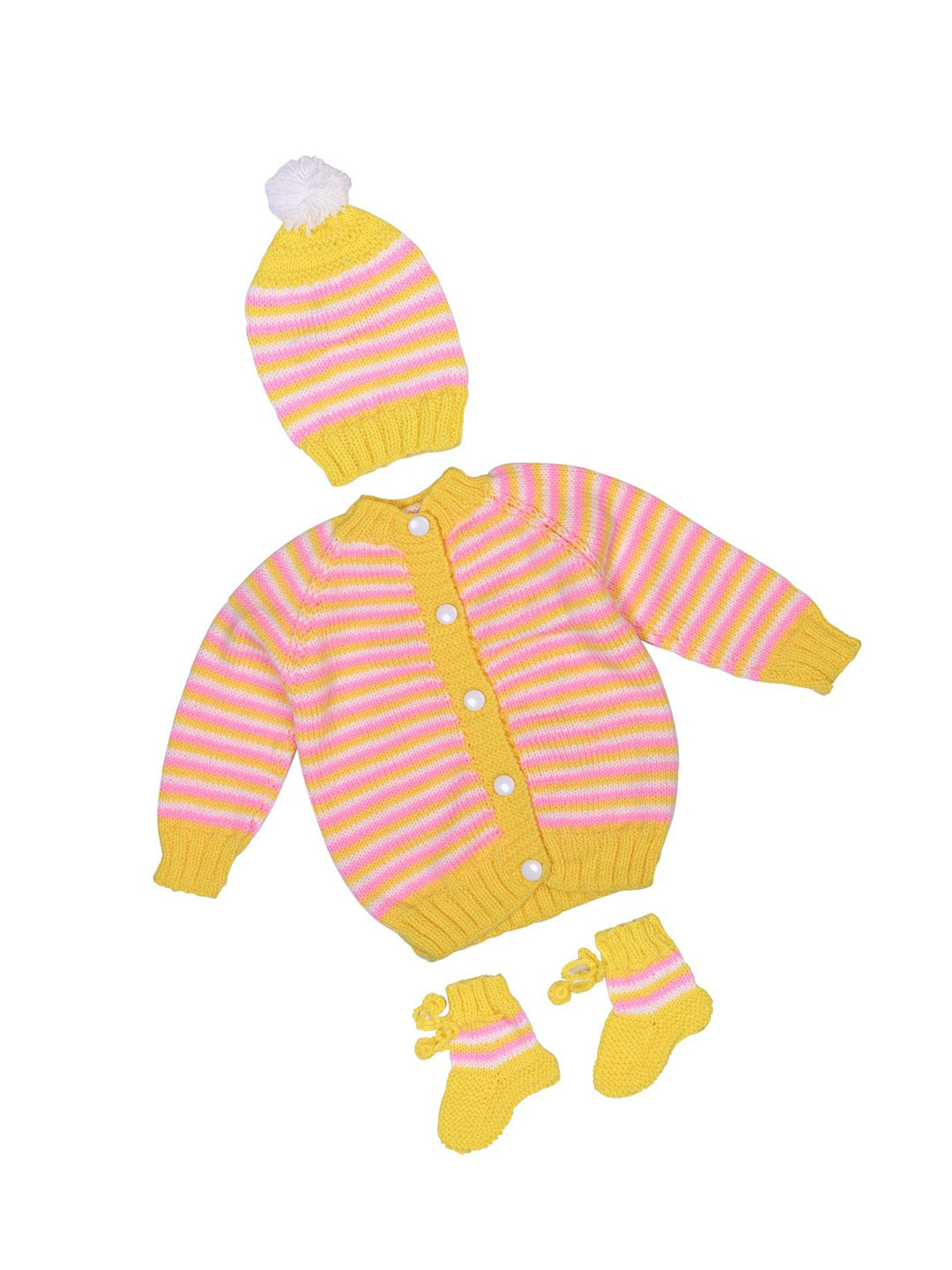 Tiekart Kids Woollen Striped Crochet Cardigan With Cap & Booties
