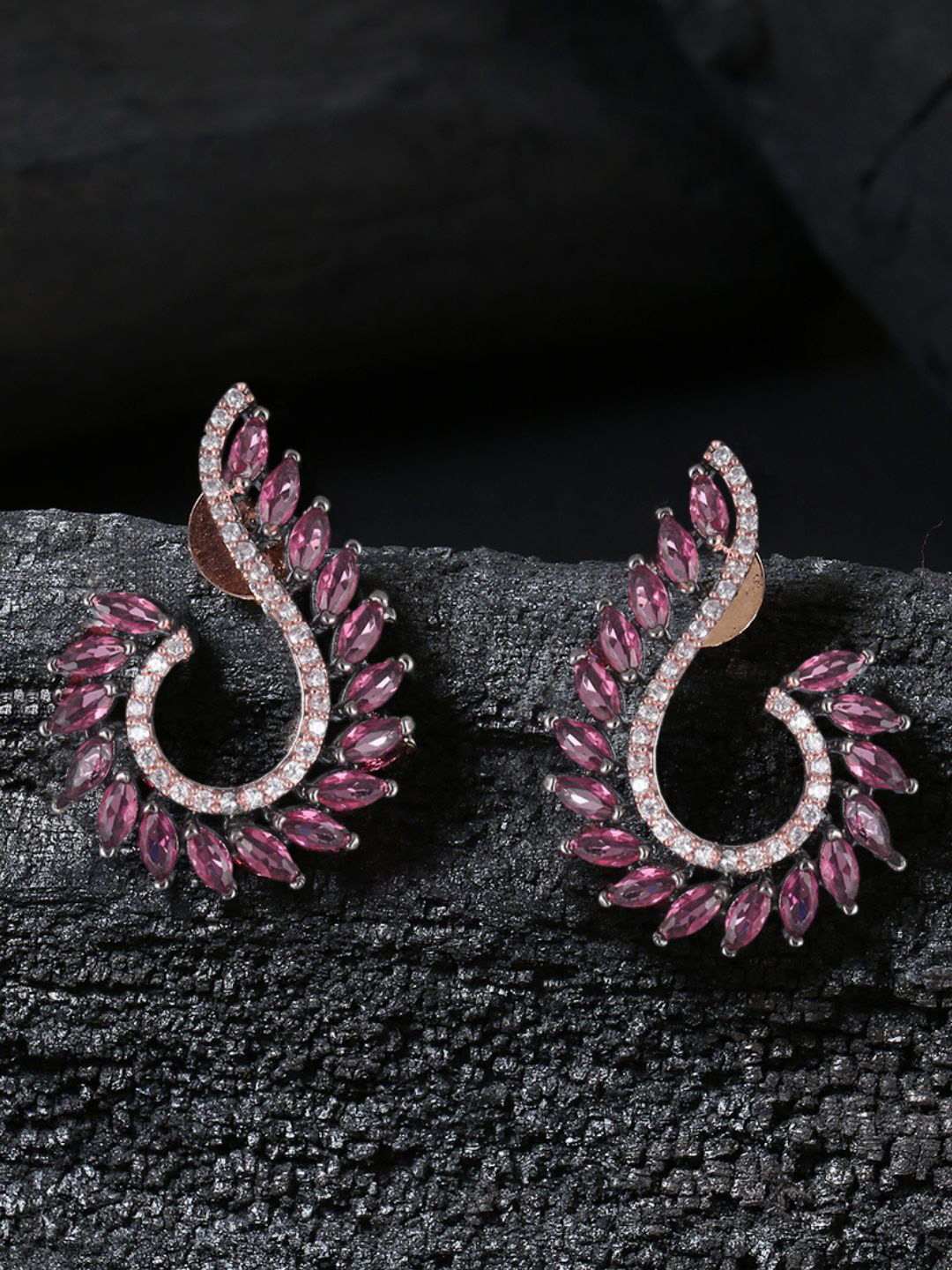 Sangria Rhodium-Plated Cubic Zirconia-Studded Contemporary Shaped Studs