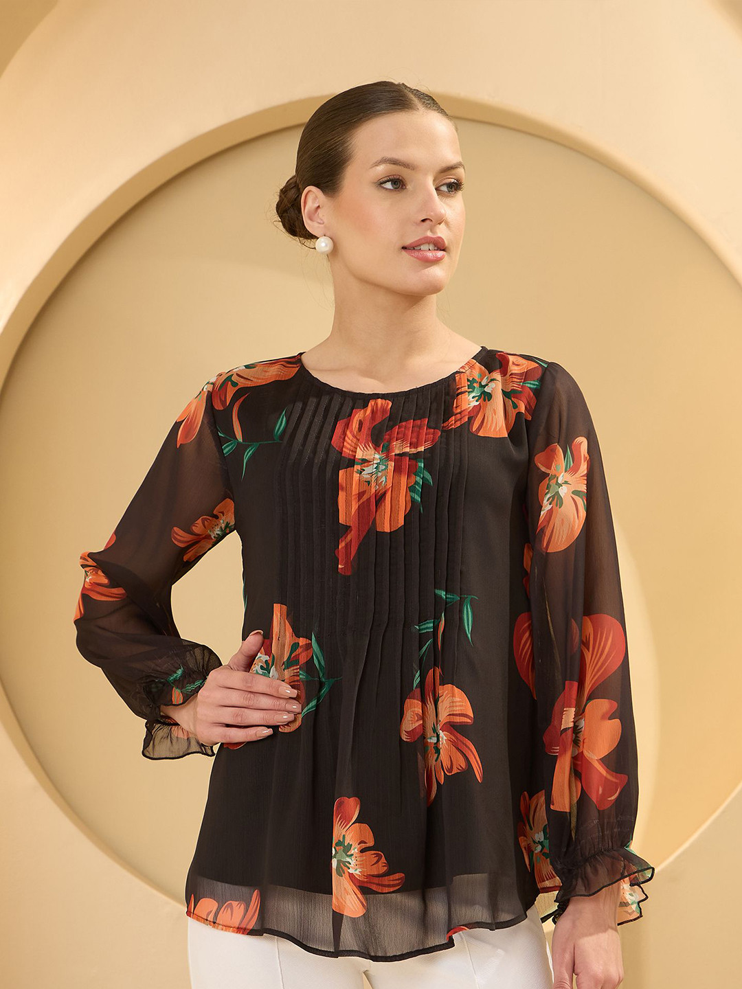 Antheaa Women Floral Print Puff Sleeves Chiffon Top