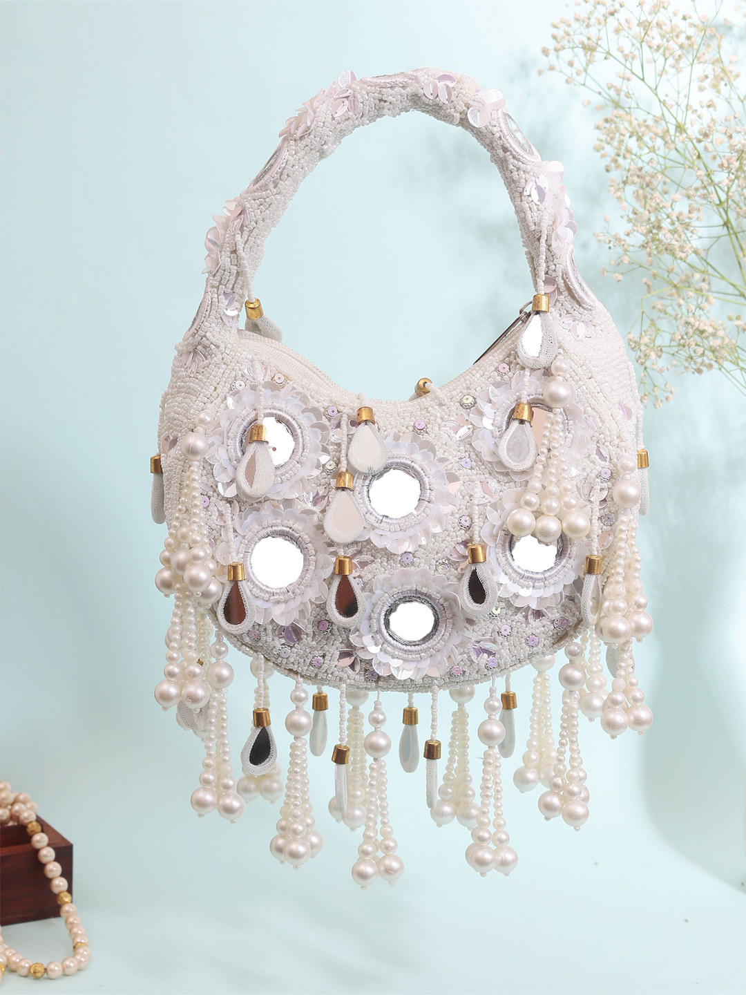 Swisni Embroidered Mirror Work Moon Shaped Clutch