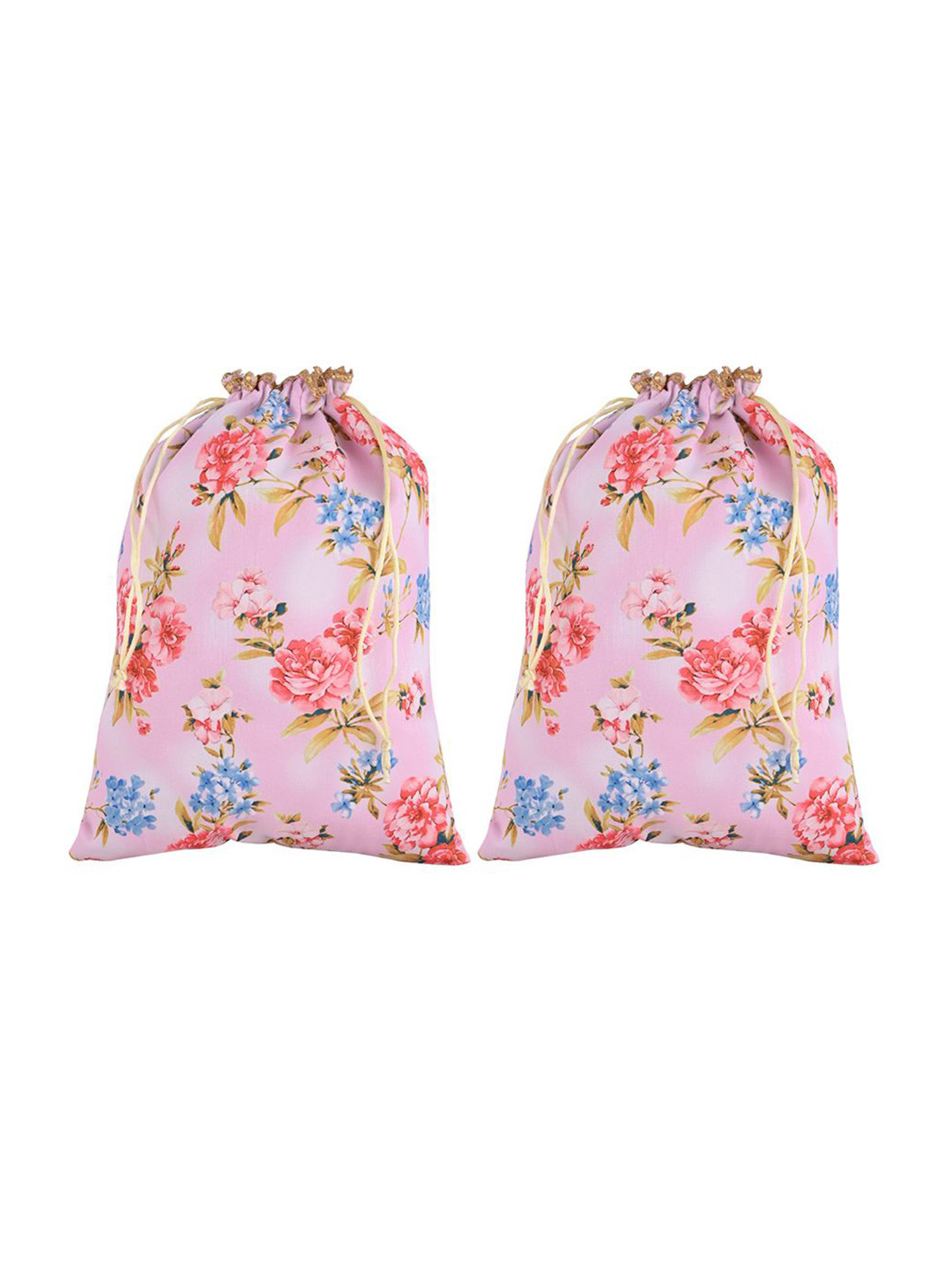 Kuber Industries 2 Pcs Silk Drawstring Digital Flower Print Potli Clutch Pink