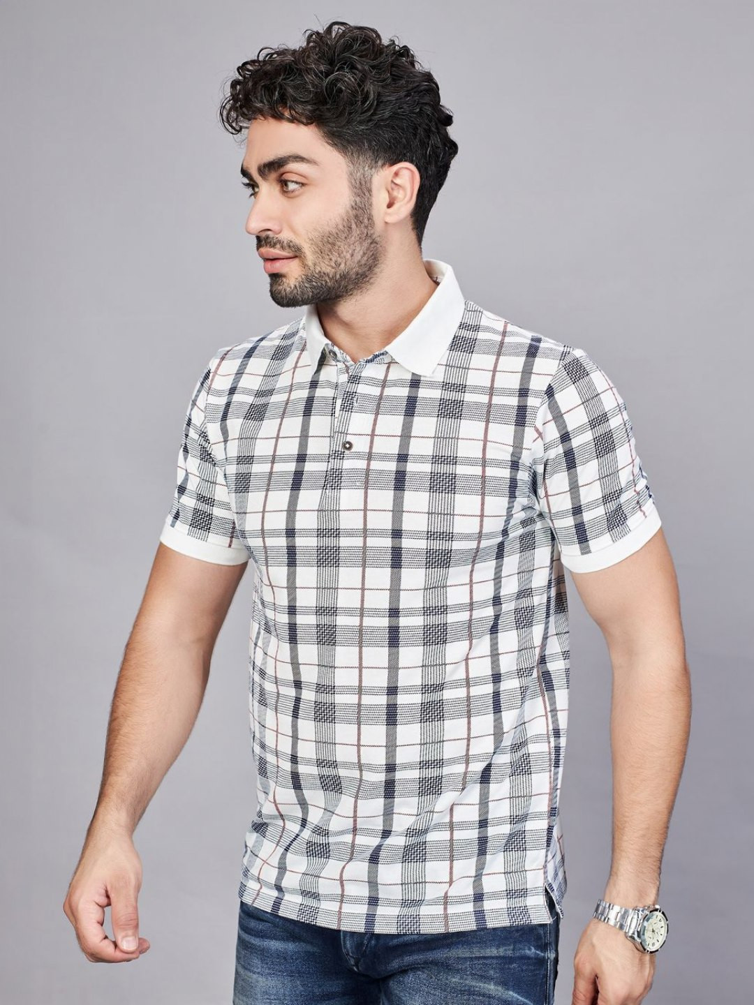 BE POSITIVE Men Checked Polo Collar Slim Fit T-shirt