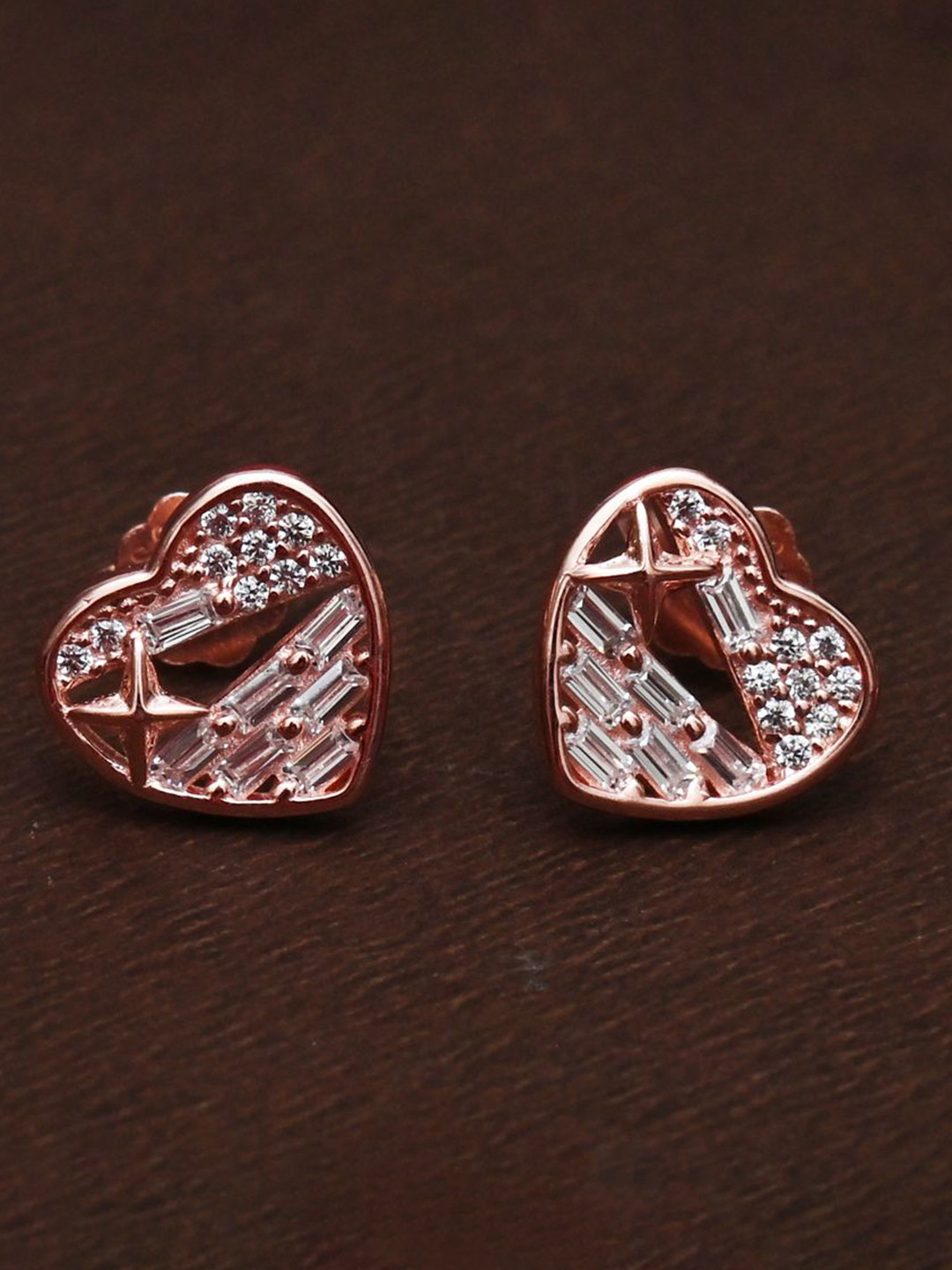 925 SILLER 925 Pure Silver Zircon Studded Rose Gold Stud Earrings