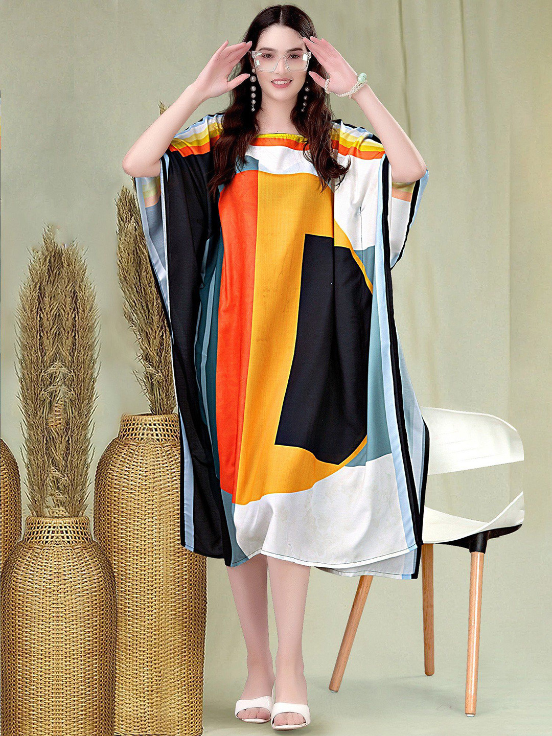 Exotic India Women Vibrant Spectrum Boat Neck Satin Midi Kaftan