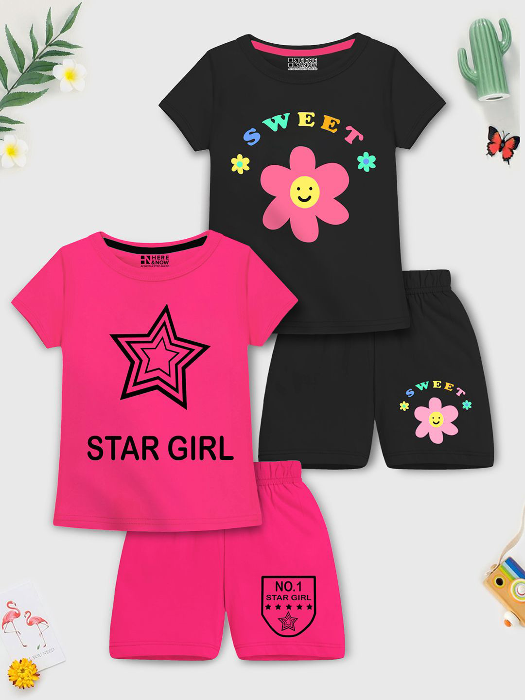 HERE&NOW Girls Pack Of 2 Graphic Printed T-Shirts With Shorts