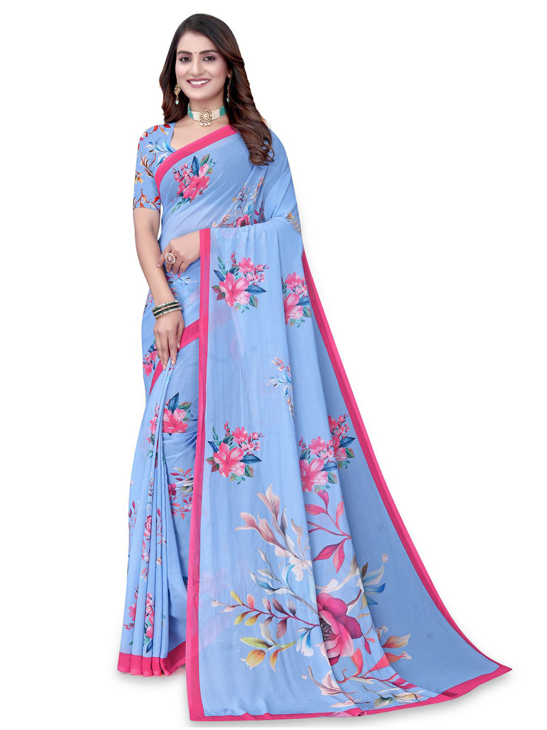 Pemal Designer Floral Print Georgette Saree With Unstitched Blouse Piece