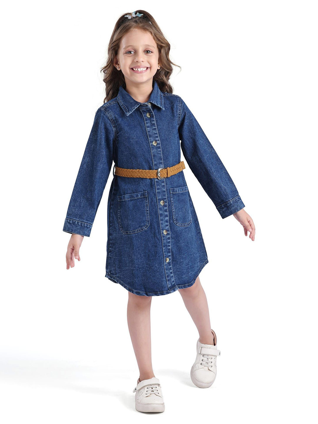 Hola Bonita Girl Shirt Collar Long Sleeves A-Line Denim Dress Comes with a belt