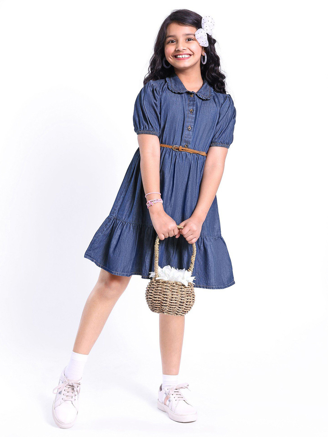 Hola Bonita Girl's Cotton Half Puffed Sleeves Demin Frock with Frill at Collar