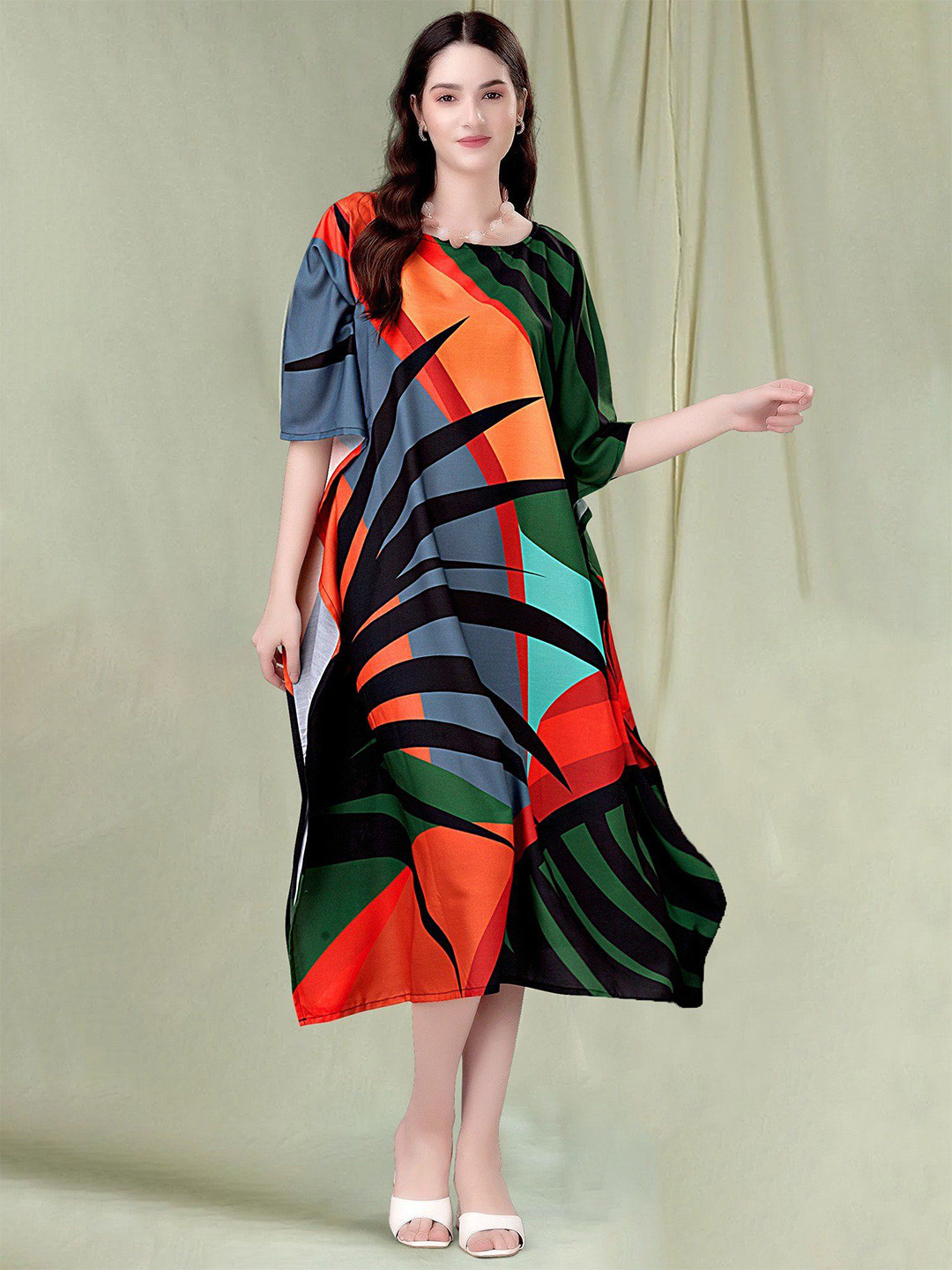 Exotic India Women Boat Neck Printed Midi Kaftan Dress