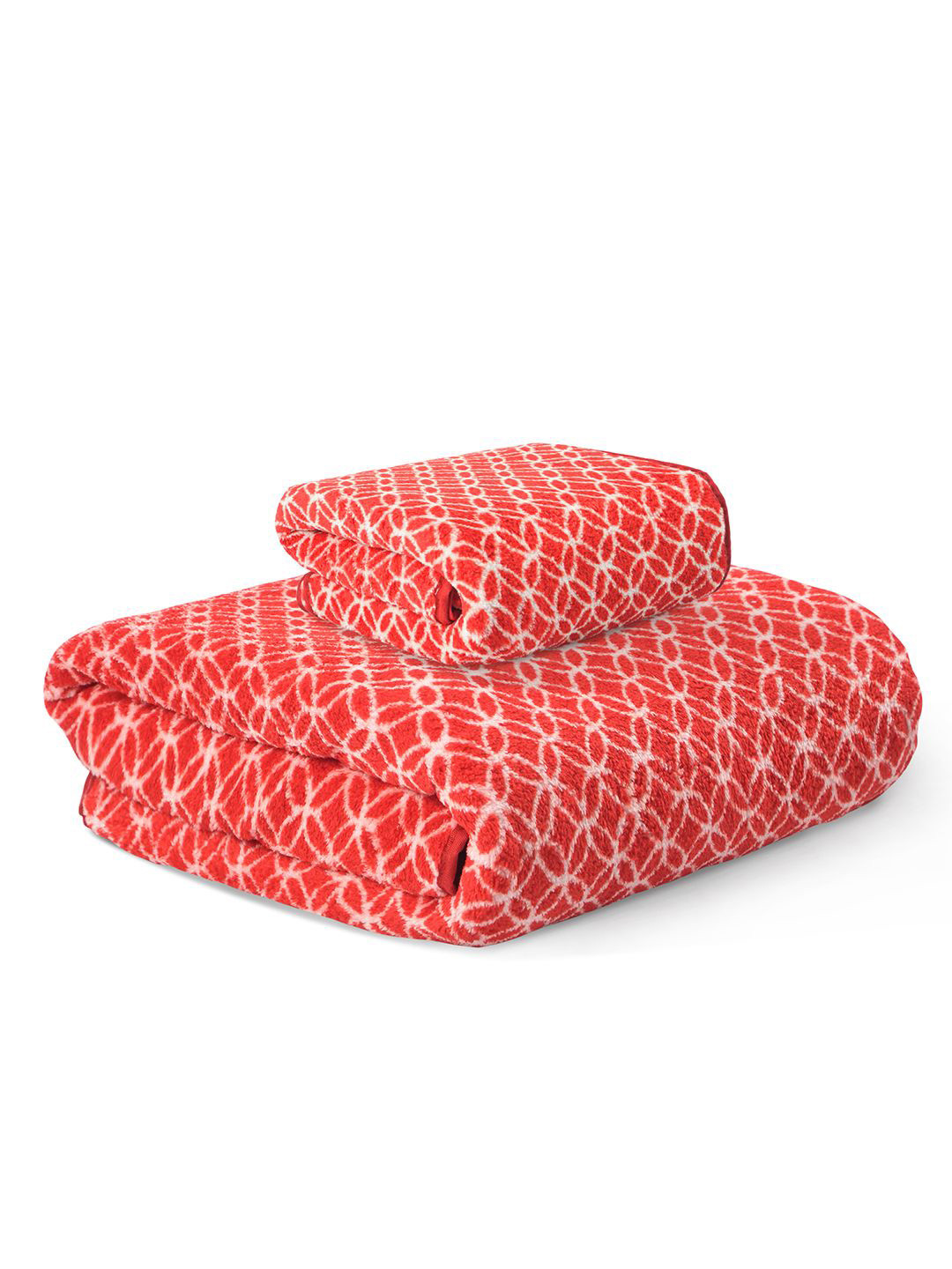 Kuber Industries Red & White 2 Piece Geometric Printed Microfiber 270 GSM Towel Set