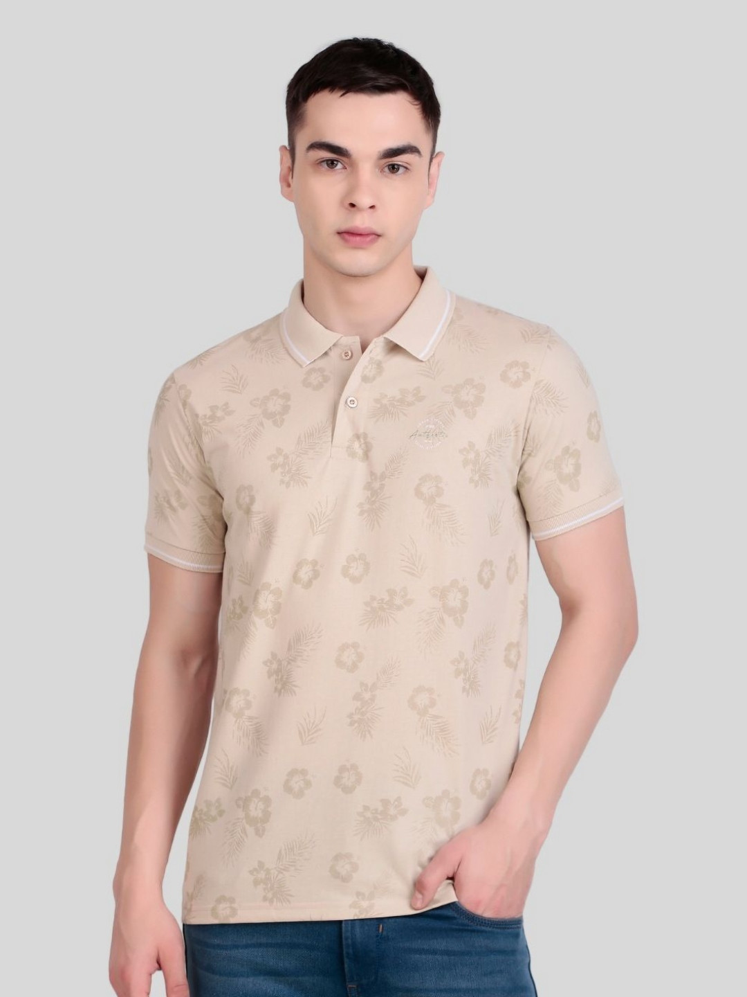 FLYIND VOGUE OUTFIT Men Floral Printed Polo Collar Applique T-shirt