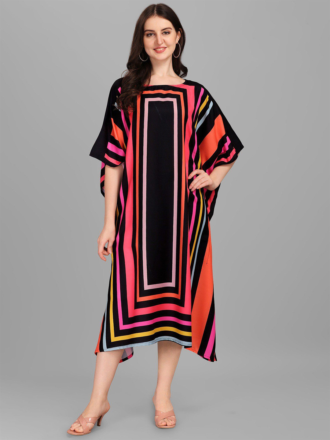 Exotic India Women Black-Onyx Rayon Midi Kaftan with Printed Rectangle Shapes