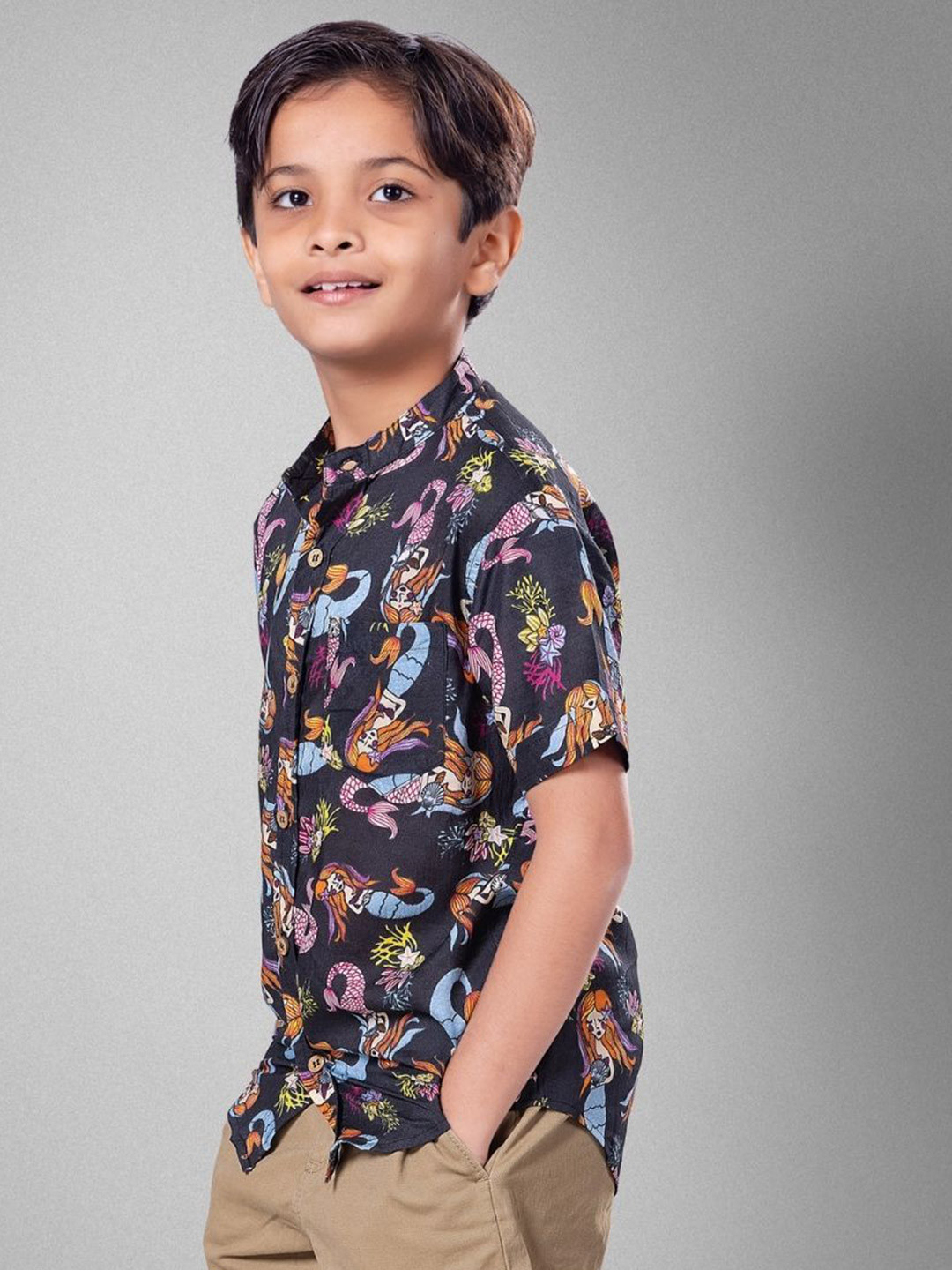 Tura Turi Boys Printed Mandarin Collar Shirt