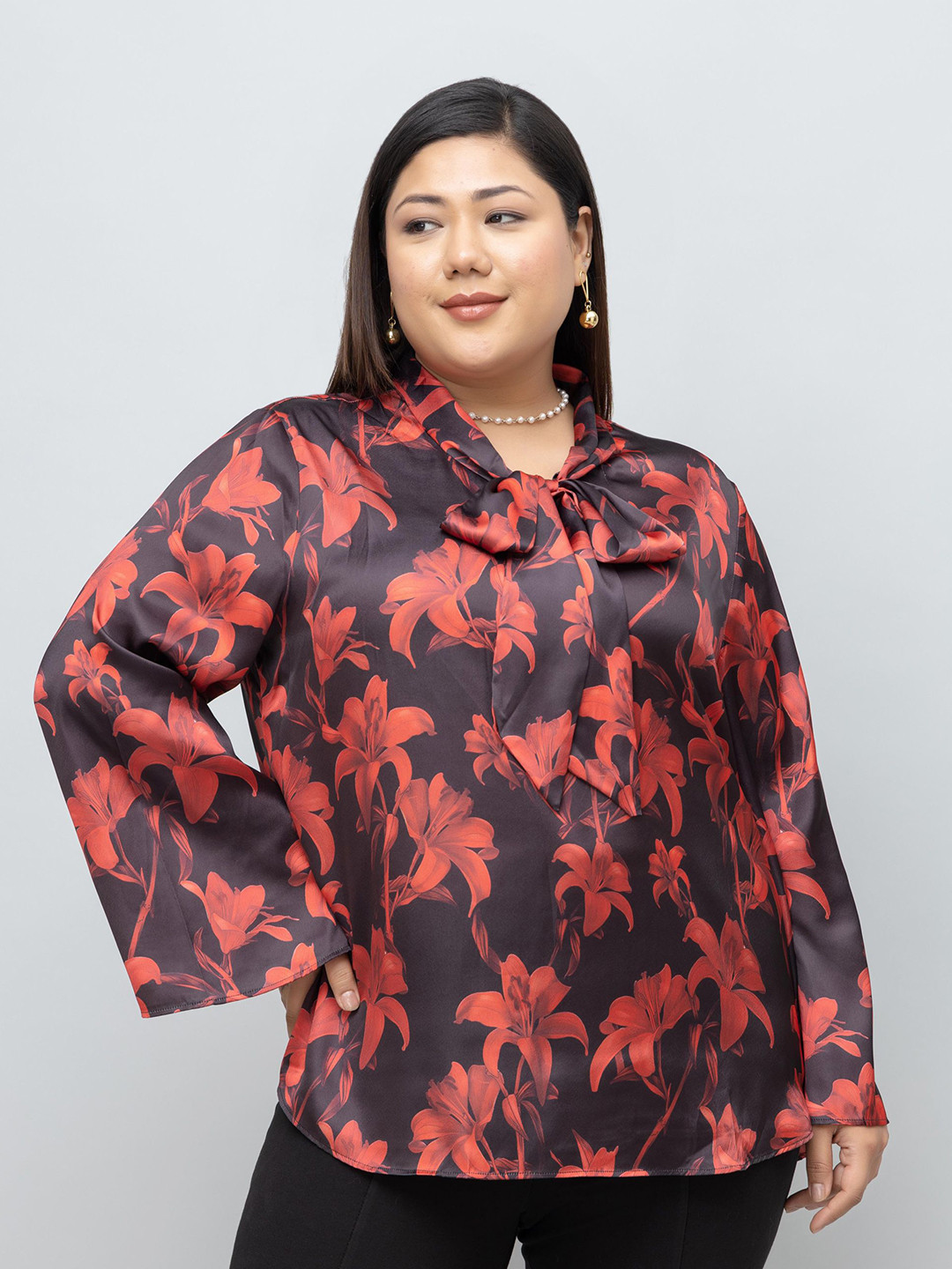 PURYS PLUS Women Plus Size Satin Floral Print Tie-Up Neck Regular Top