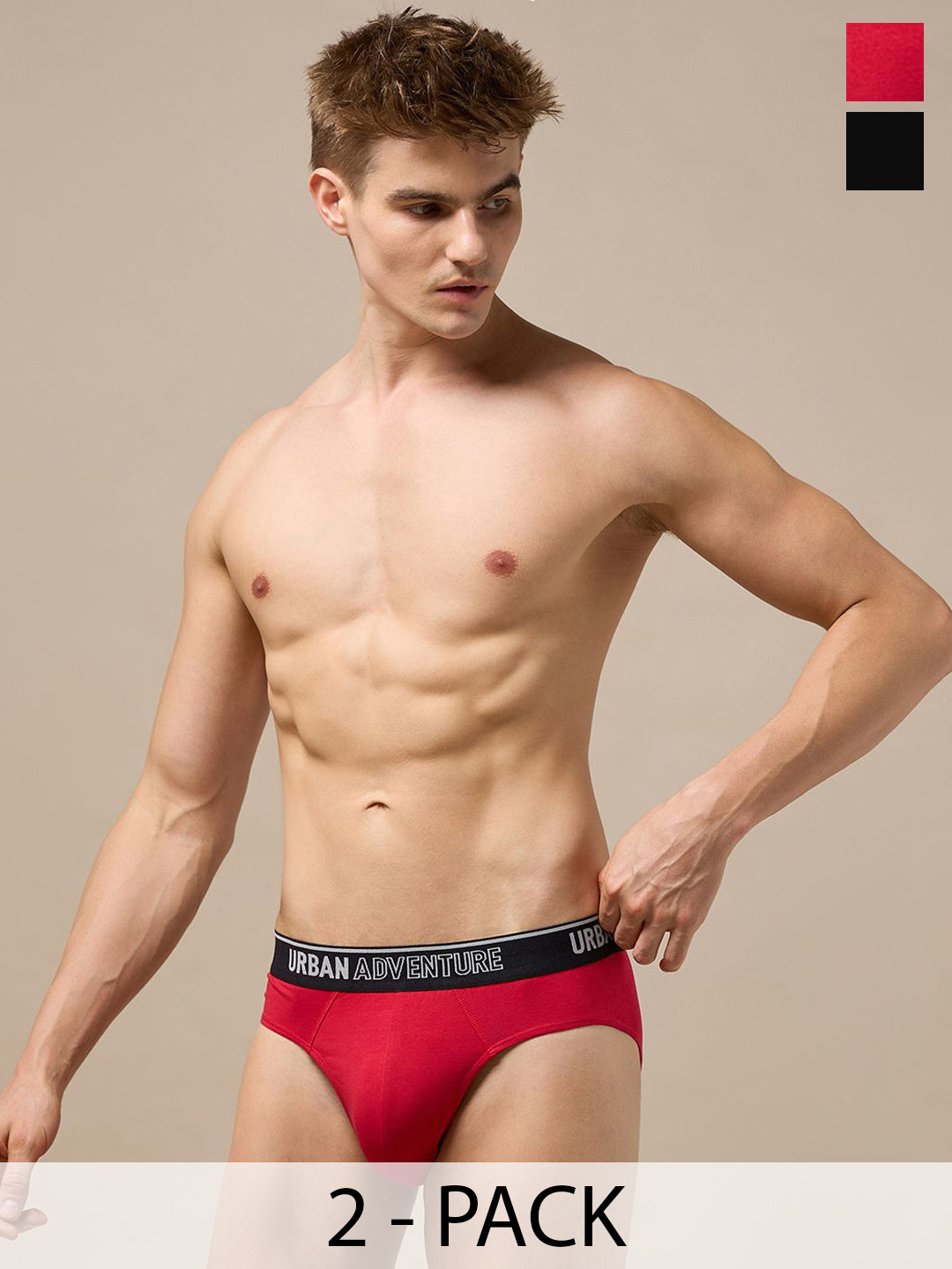 URBAN ADVENTURE Men Pack Of 2 Mid-Rise Anti Bacterial Basic Briefs 2UAM-002(BLACK-RED)