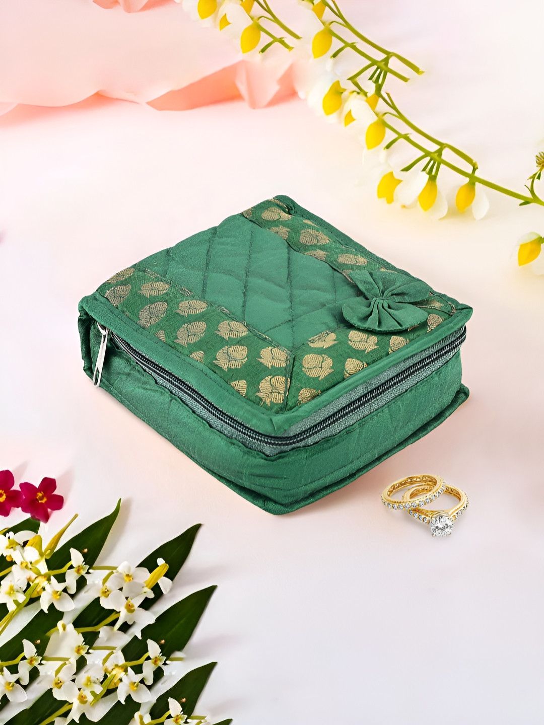 Aura Green & Gold Toned Mini Pouch for Women 5 Pouches Inside Jewellery Organiser