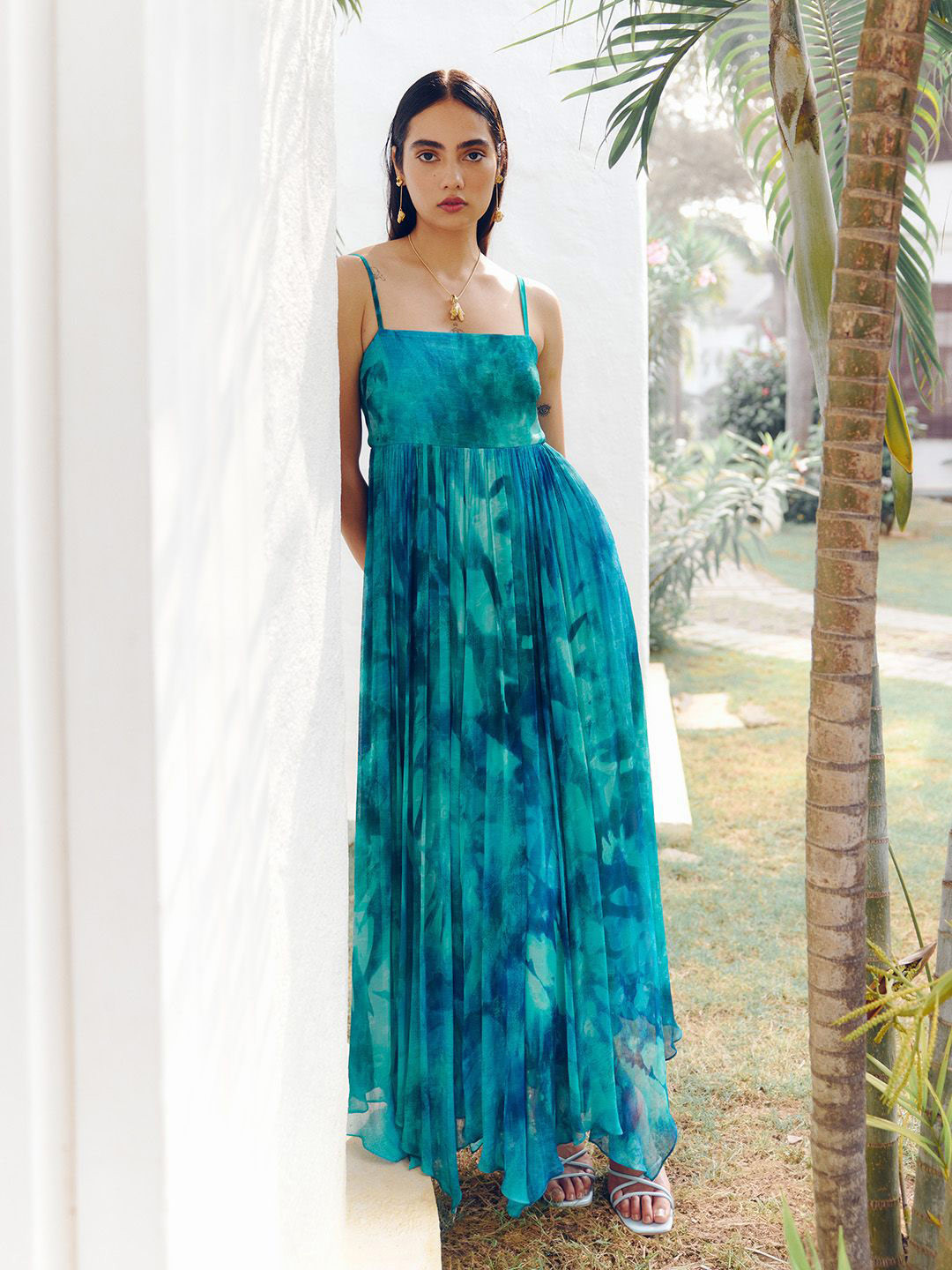 AND Abstract Printed Gathered or Pleated Shoulder Straps Maxi Dress