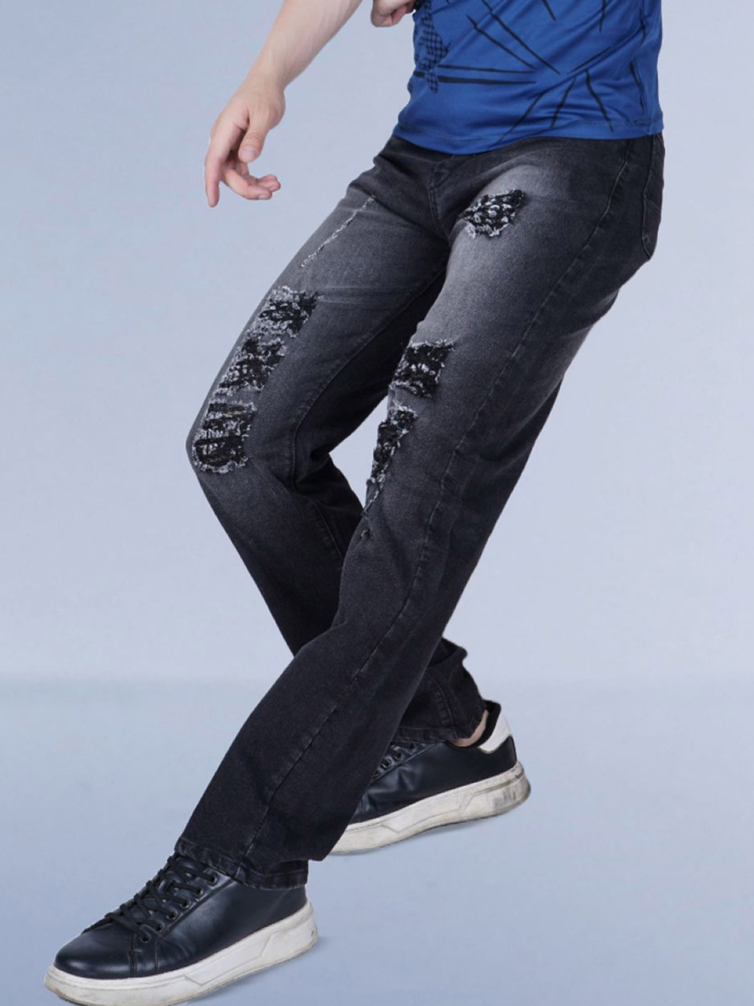 Metronaut Men Classic Highly Distressed Light Fade Regular Fit Denim Grey Jeans