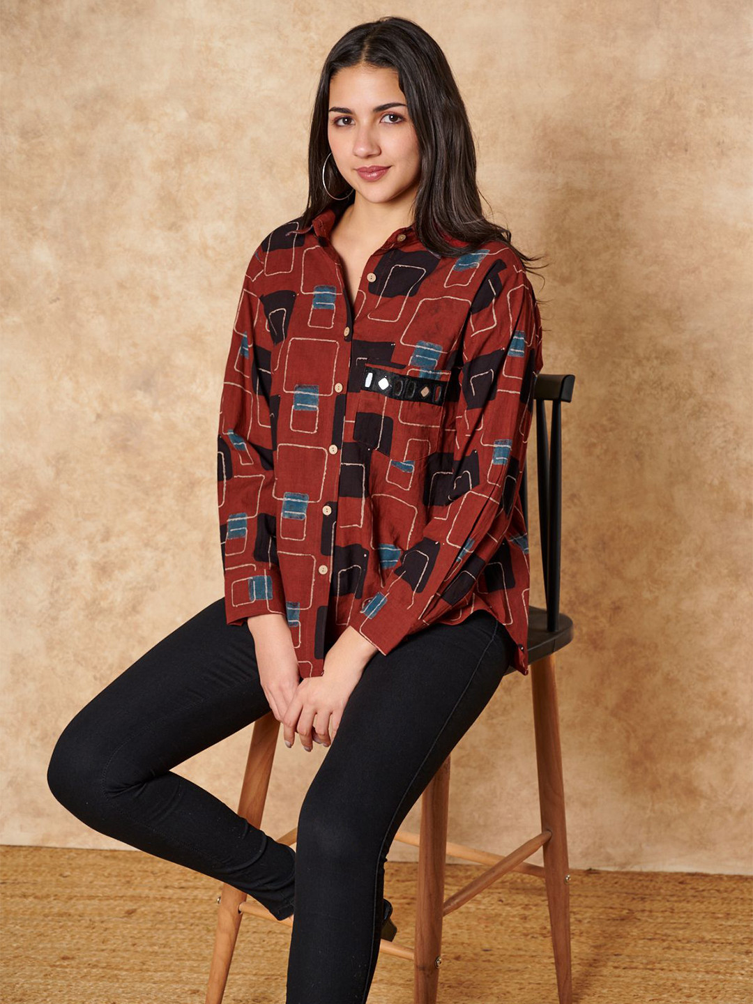 SALWAR STUDIO Classic Ajrakh Hnad Block Printed Pure Cotton Shirt