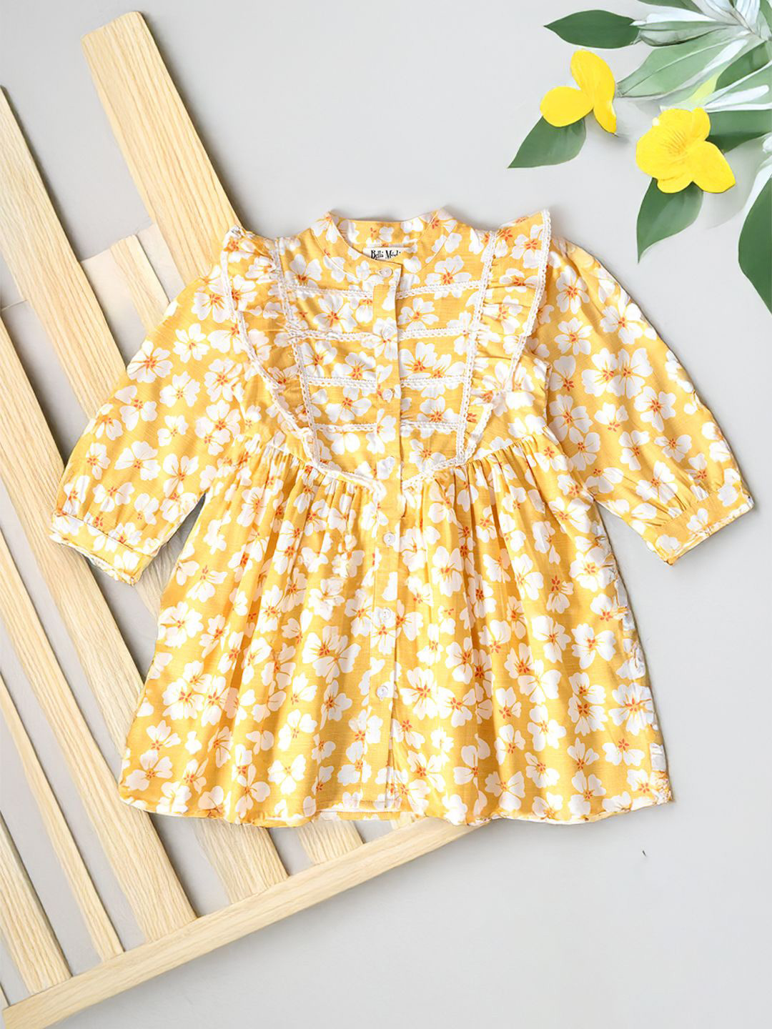 Bella Moda Girls Cotton Floral Printed Puff Sleeve Fit & Flare Dress With Lace Details