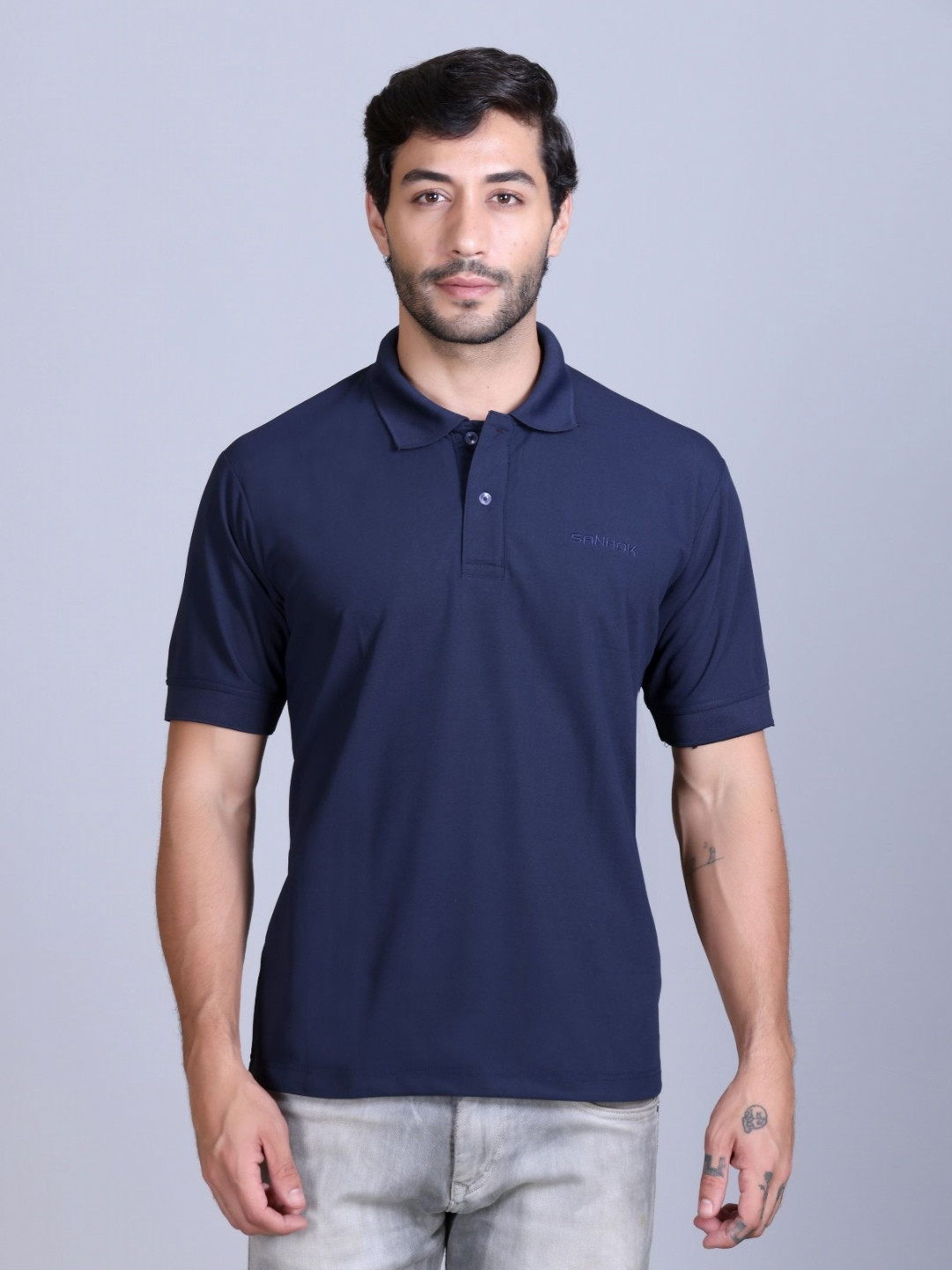 SANHOK Men Polo Collar Pure Cotton Regular Fit T-shirt