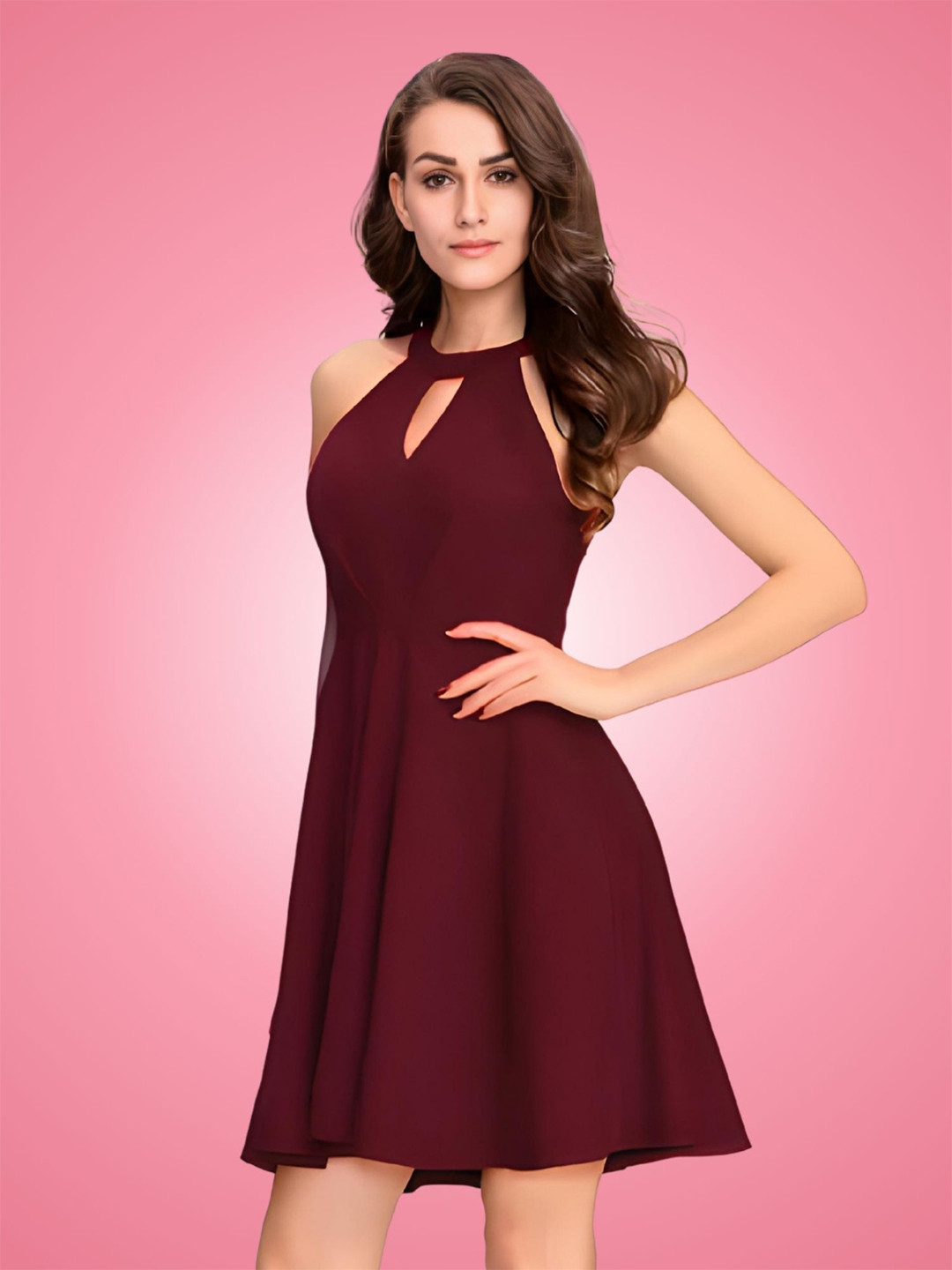 ZELZIS Women Maroon Wrap Dress Elegant Sleeveless Fit & Flare