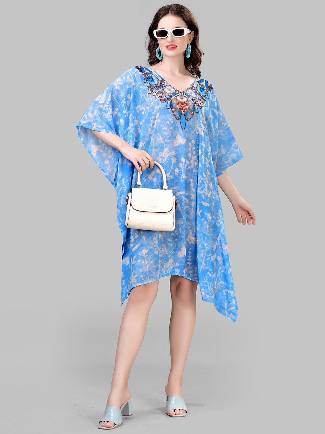 Exotic India Women Blue-Bell Georgette V-Neck Short Kaftan with Printed Leaves