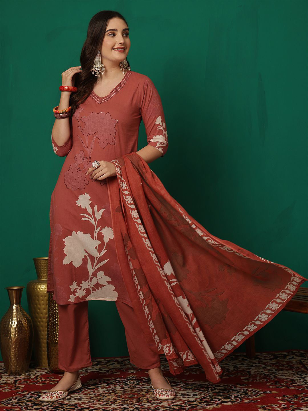 Sangria Printed Patch Work Kurta With Trouser & Dupatta