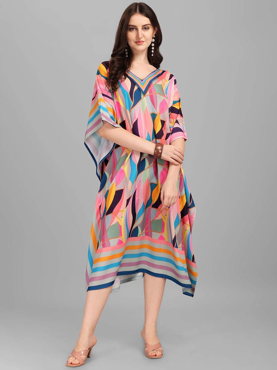 Exotic India Tri-Color Rayon Kaftan with Printed Stripes And Leaves