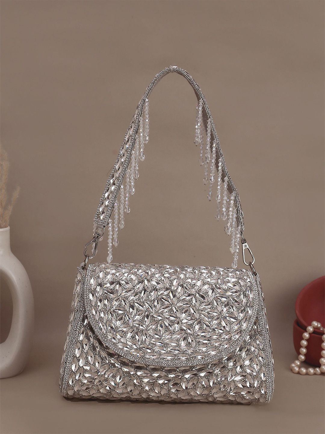 Swisni Embroidered Beads & Stones Work Flap Shaped Clutch
