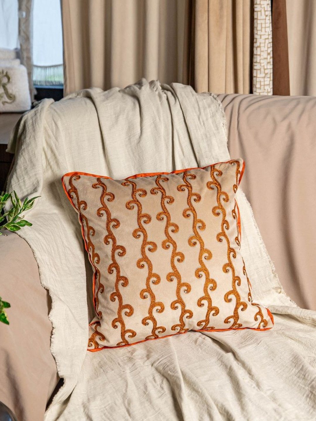 ALCOVE Beige Conversational Suede Durable 2 Pcs Embroidered Square Cushion Covers -16x16In