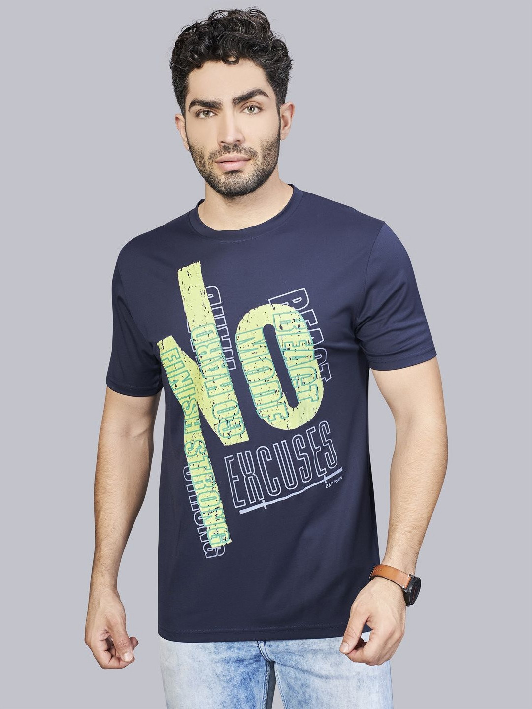 BE POSITIVE Men's Navy Blue Casual Typography T-shirt