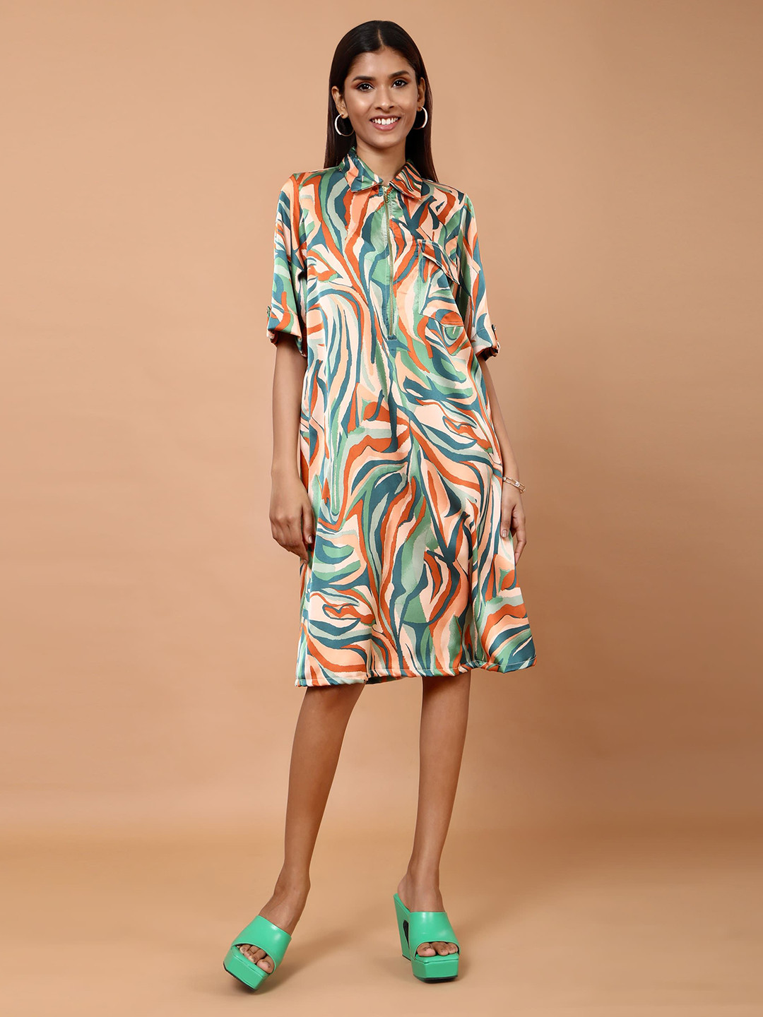 Tamiska By Narendra Kumar Women Abstract Print Shirt Collar A-Line Midi Dress