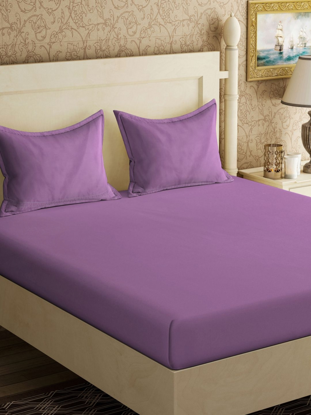 Myntra Elegant Homes Hermosa Backyard Patio Purple Polycotton 300 TC King Fine Bedsheet with 2 Pillow Covers-98 x 89 inches