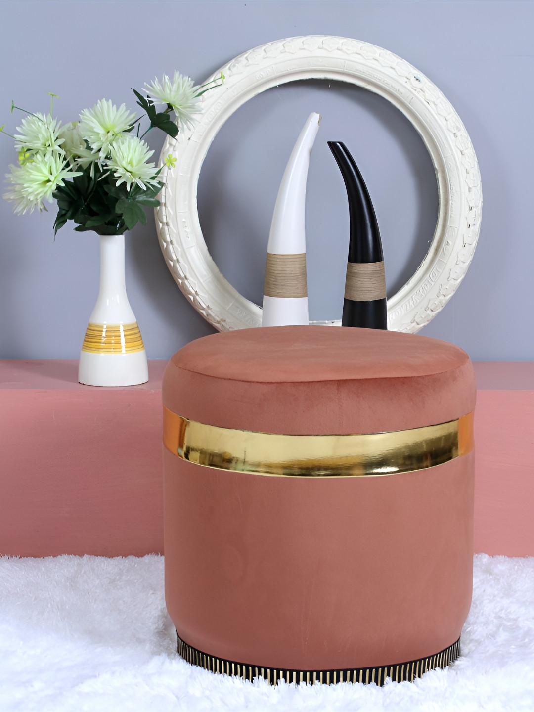 Shadowkart Brown & Gold-Toned Velvet Round Pouffes Ottomans Stool