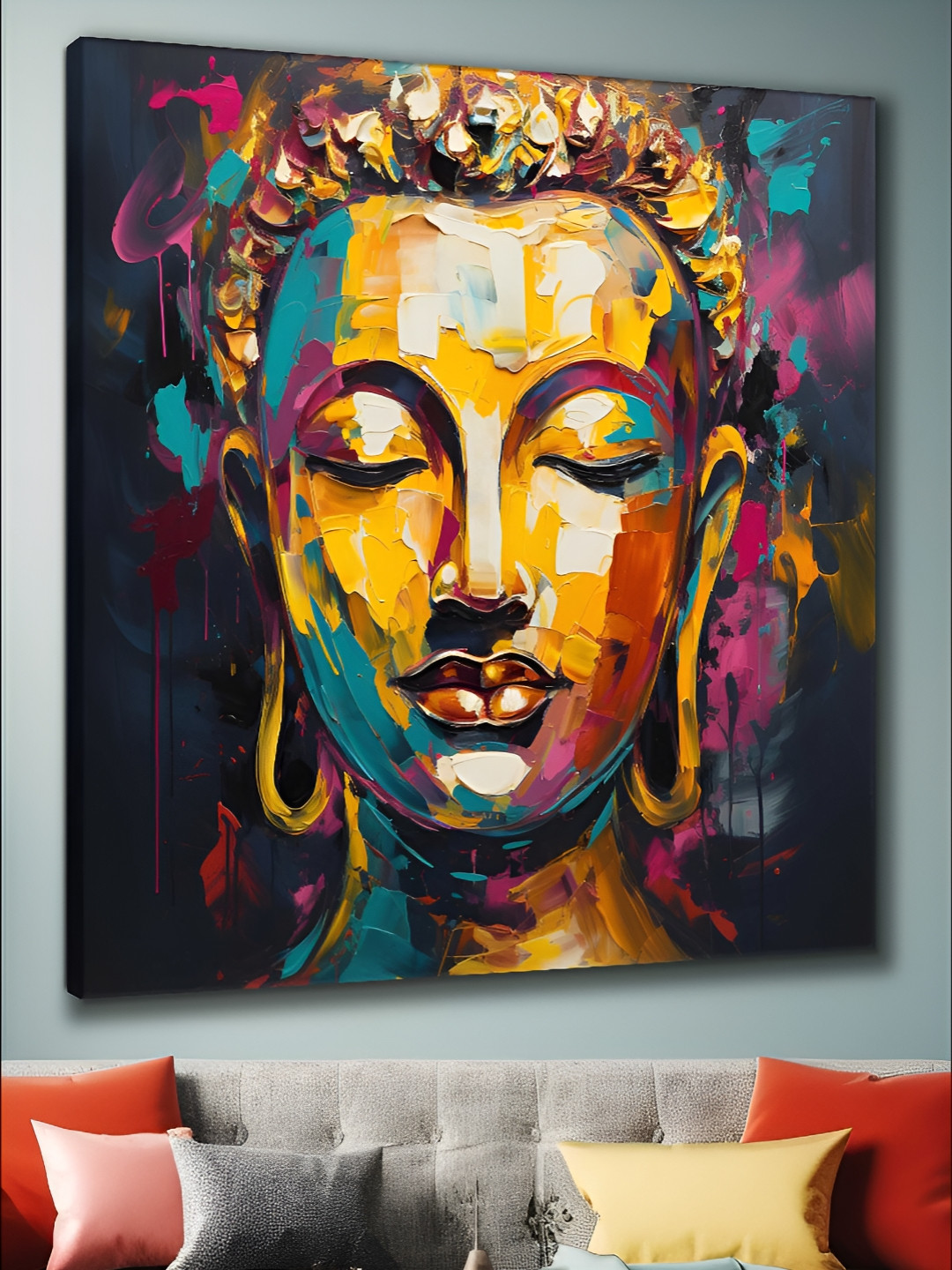 Myntra Elegant Homes Yellow & Teal Buddha Printed Canvas Religious Wall Art