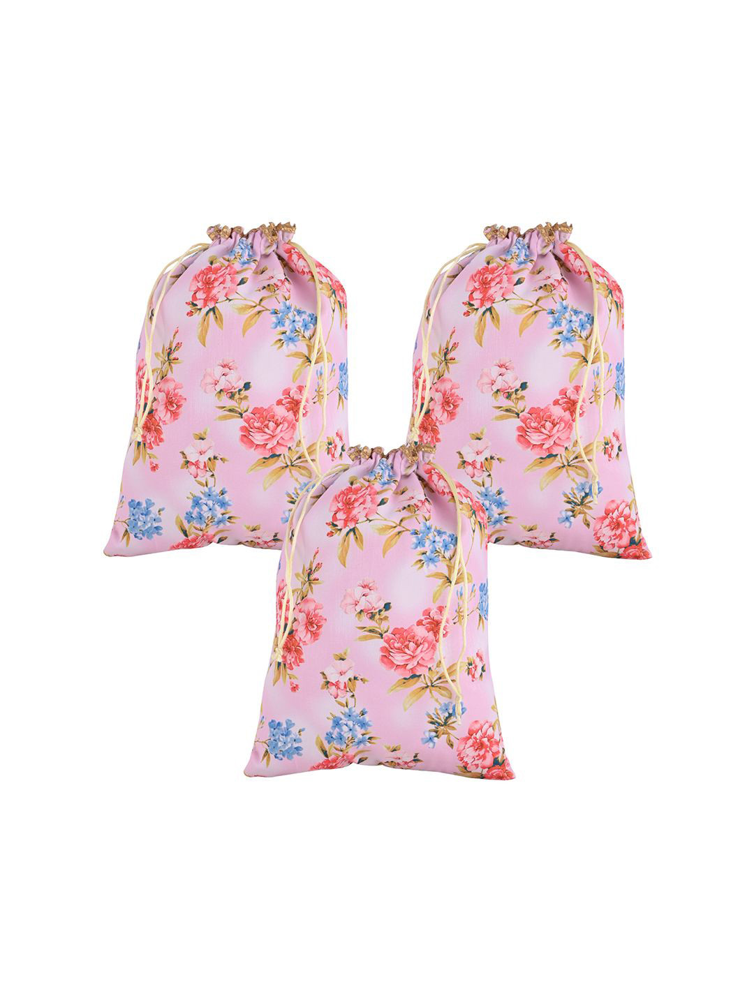 Kuber Industries 3 Pcs Silk Drawstring Digital Flower Print Potli Clutch Pink