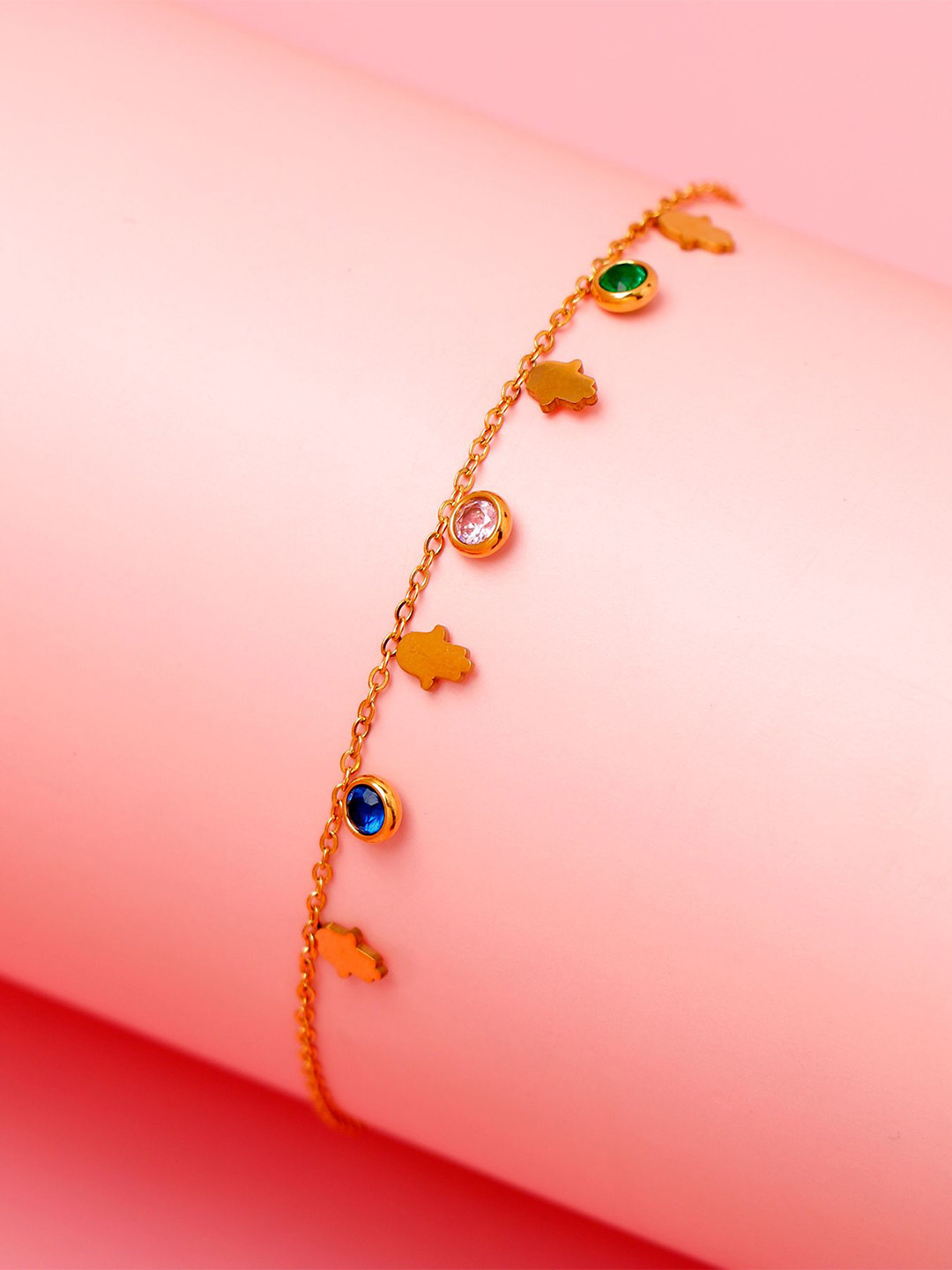 Archies Gold-Plated Artificial Stones Studded Minimalistic Palm Charm Bracelet