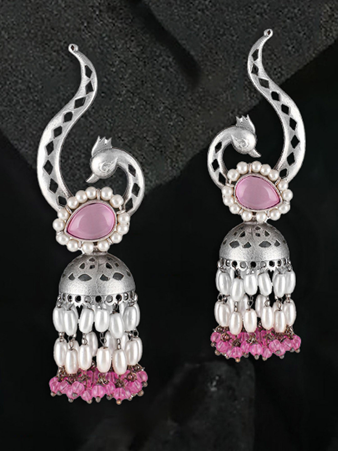 Sangria Silver-Plated Stones Studded & Pearls Tassels Dome Shaped Oxidised Jhumkas