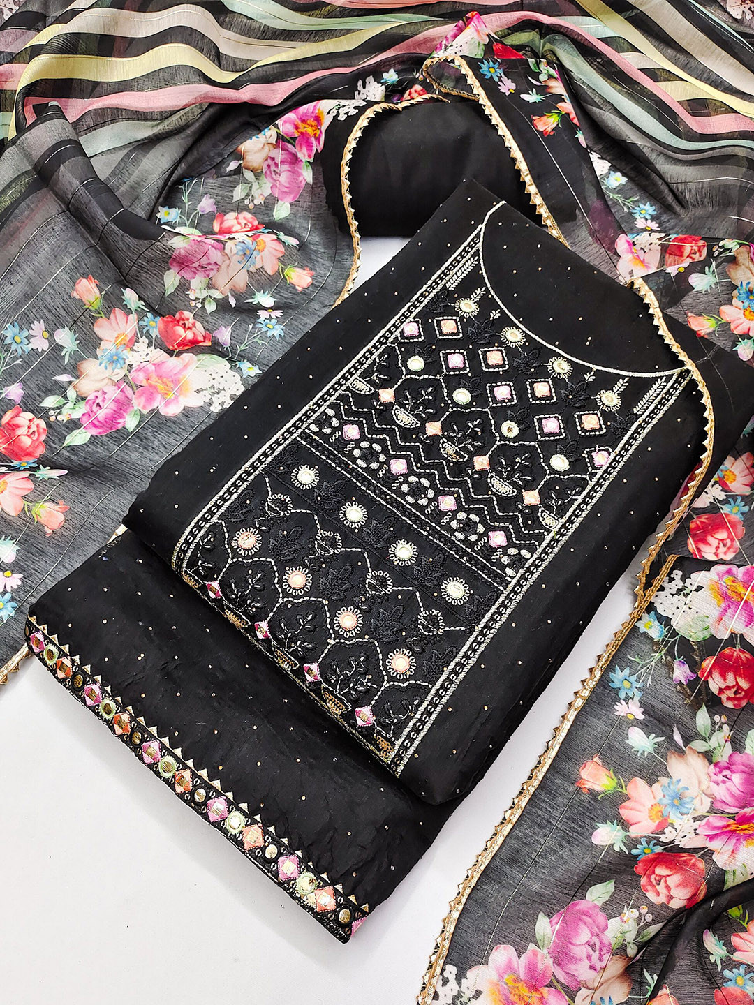 TAVAS Floral Embroidered Mirror Work Unstitched Dress Material
