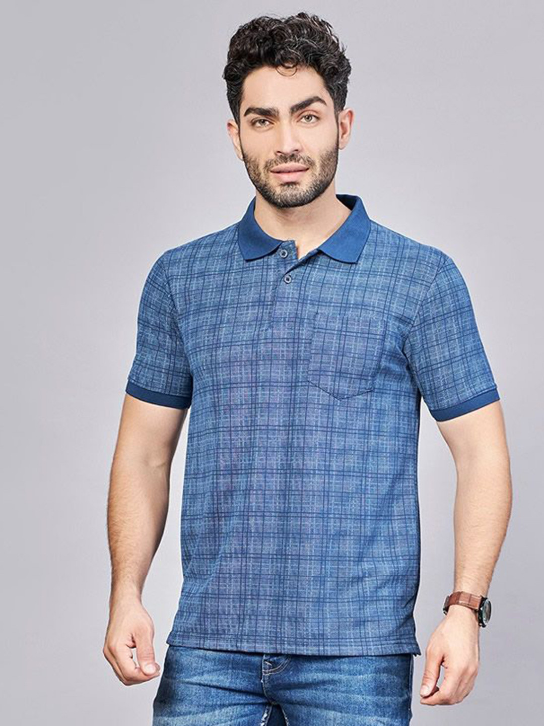 BE POSITIVE Men Blue Self Design Polo Collar T-shirt