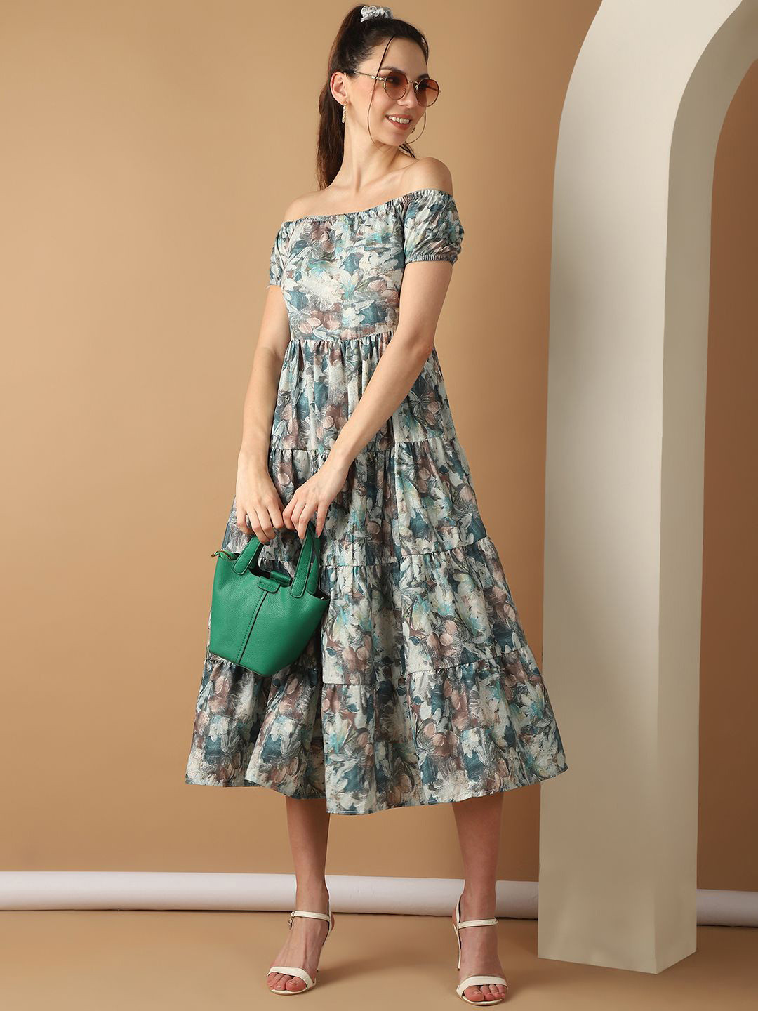 Indian Needle Women Floral Printed Off-Shoulder Crepe Fit & Flare Dress
