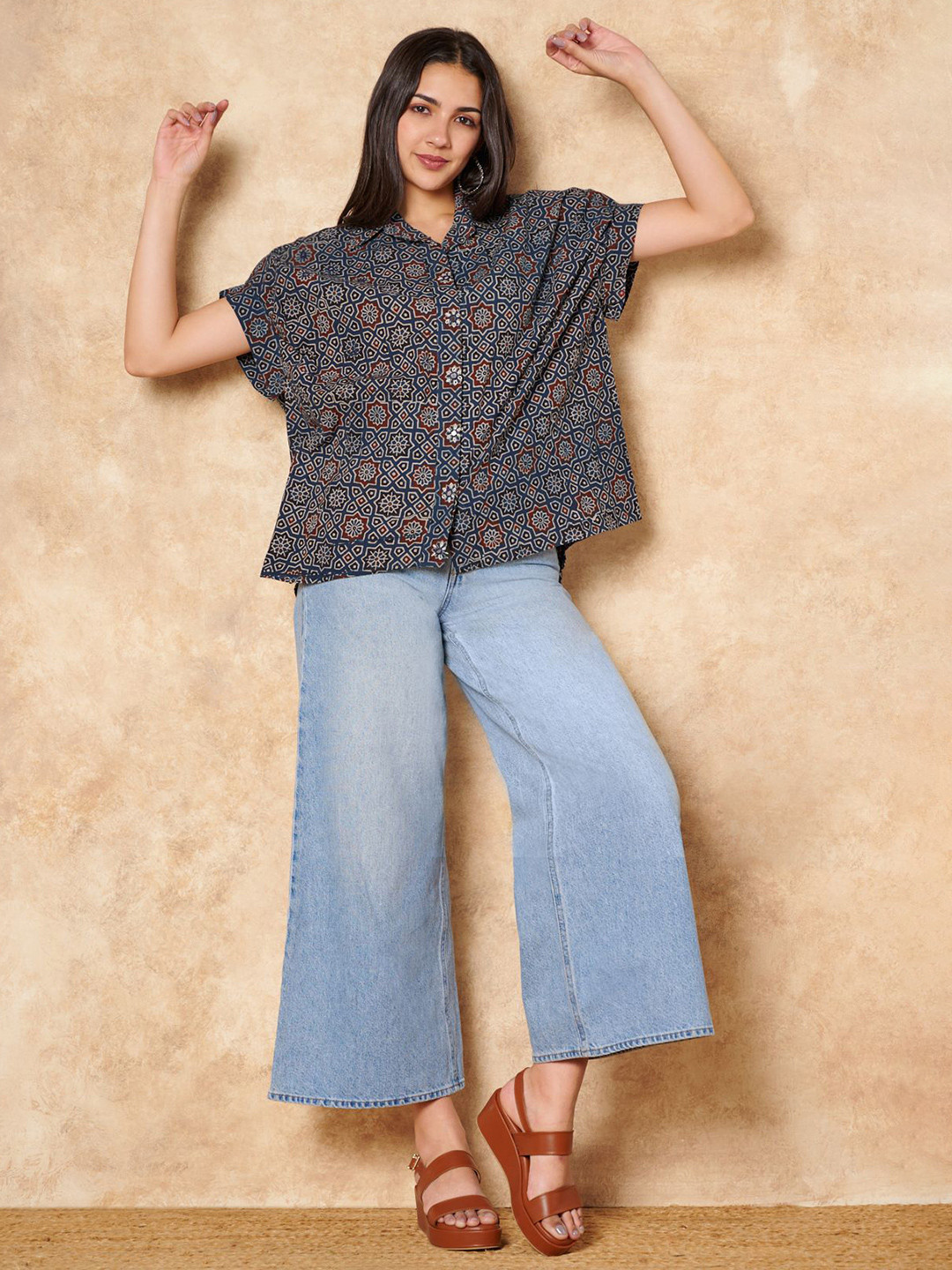 SALWAR STUDIO Classic Ajrakh Hand Block Printed Pure Cotton Flared Shirt